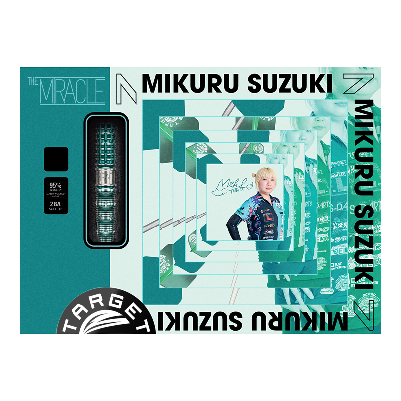 Abgebildet sind die Target Japan Mikuru Suzuki The Miracle GEN7 Softdarts - 21,5g. Diese Dartpfeile wurden für Mikuru Suzuki entworfen.