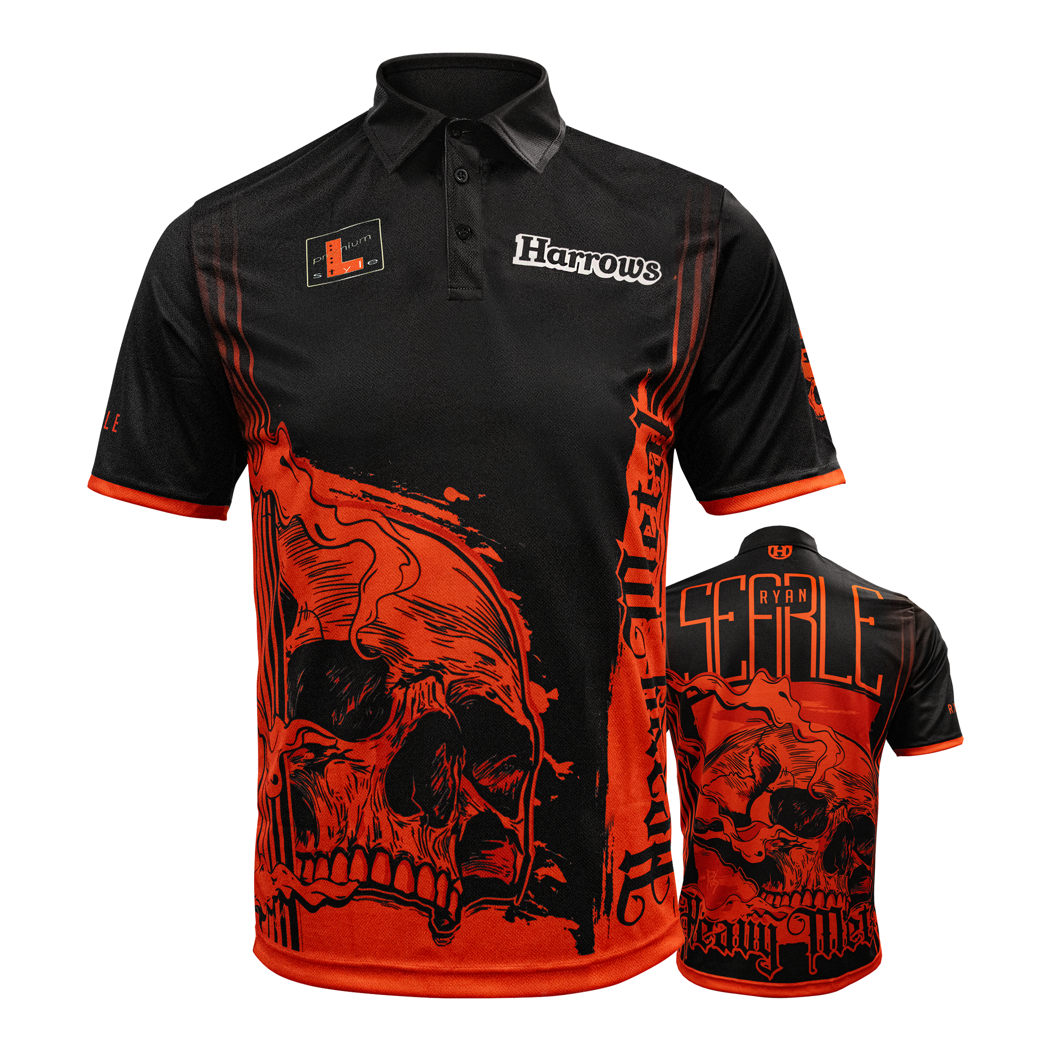 Harrows Ryan Searle Heavy Metal Playershirt Gezeigt wird das Harrows Ryan Searle Heavy Metal Playershirt. Dieses Produkt ist ein Spielertrikot für Dartfans.