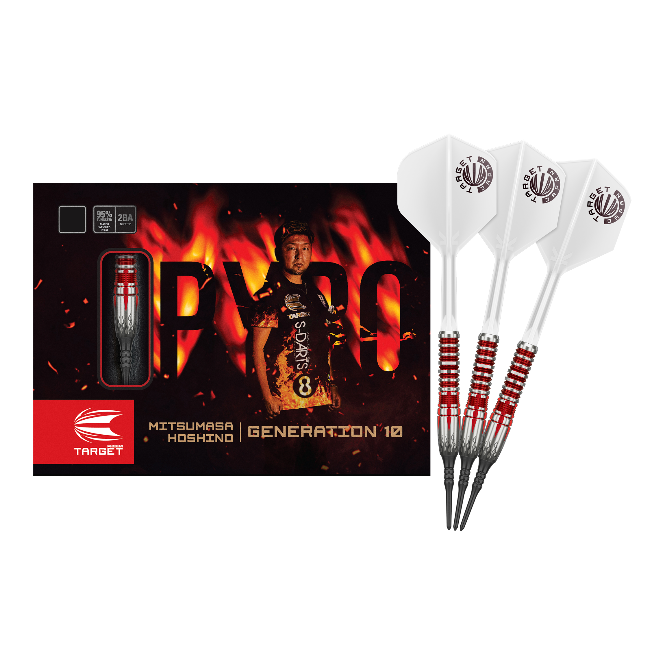 Das Bild zeigt das Produkt "Target Japan Mitsumasa Hoshino Pyro GEN10 MAX Softdarts - 19g" samt Verpackung und drei Darts. Auf der Verpackung ist ein Spieler vor einem flammenden Hintergrund abgebildet.