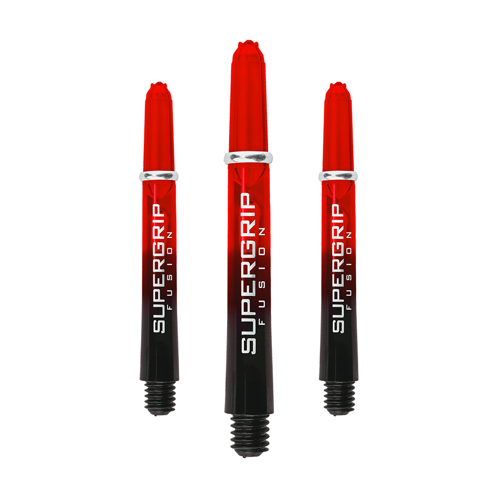 Das Bild zeigt drei Harrows Supergrip Fusion Shafts in der Farbe Rot. Die Shafts sind rot-schwarz und haben die Aufschrift "SUPERGRIP FUSION".