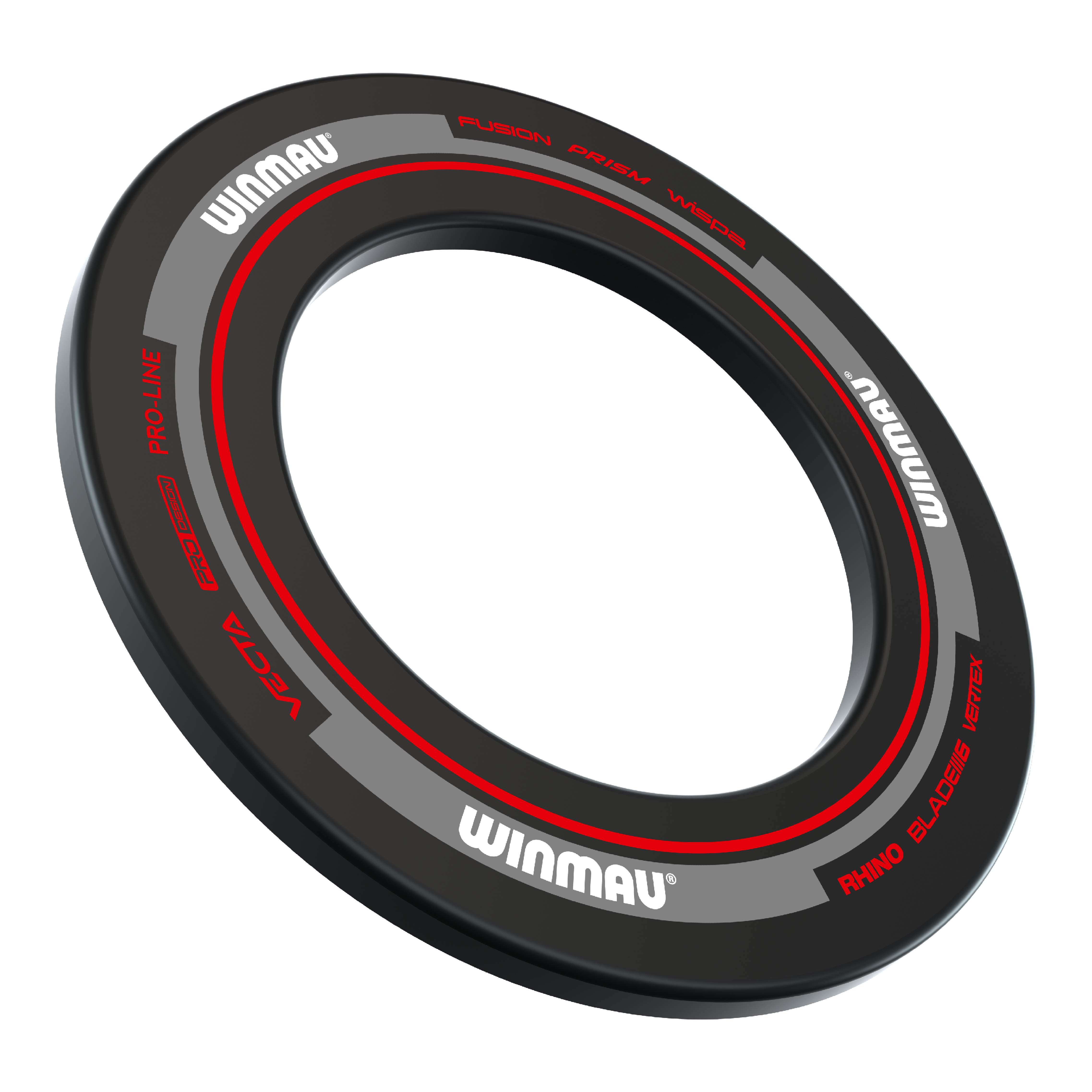 Winmau Advance Dartboard Surround - Schwarz Rot Das Bild zeigt einen Winmau Advance Dartboard Surround in Schwarz und Rot. Der Surround ist rund und hat weiße und rote Schriftzüge.
