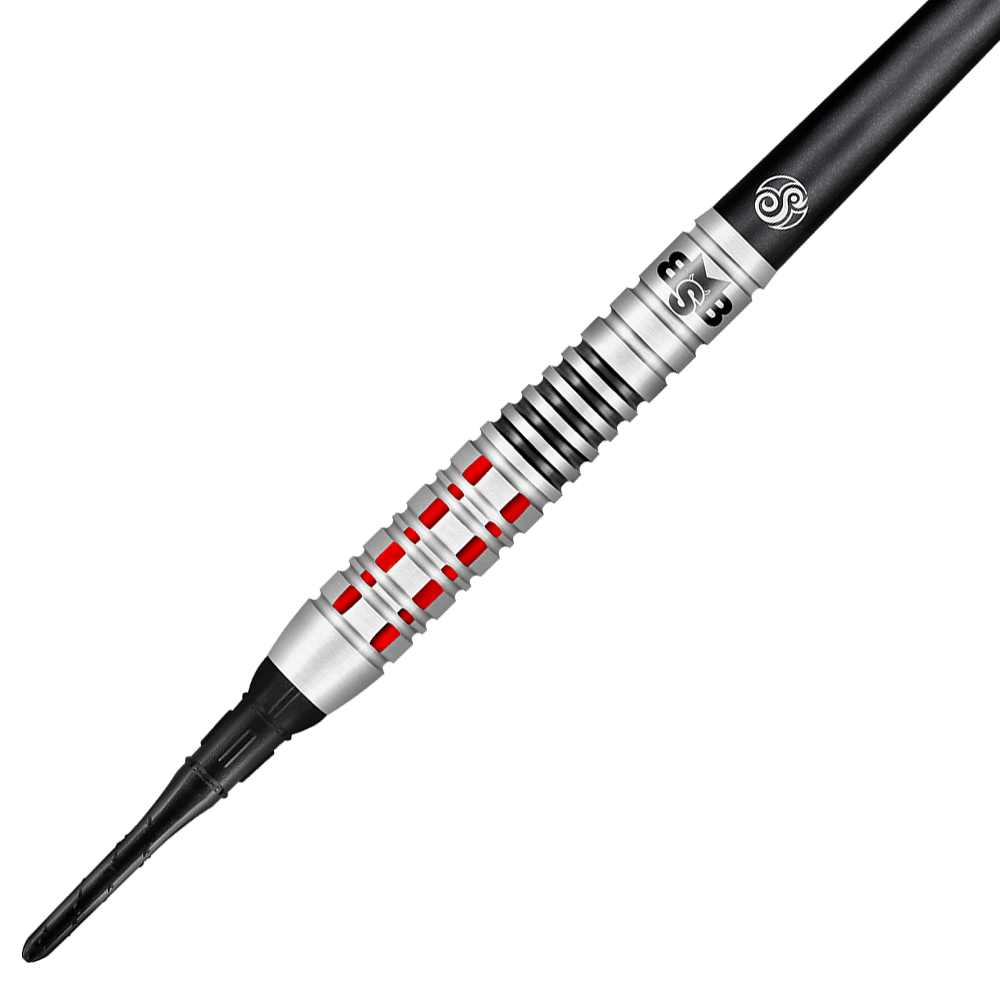 Shot Michael Smith Believe Softdarts Das Bild zeigt einen Shot Michael Smith Believe Softdart. Der Dart hat ein silbernes Design mit roten und schwarzen Akzenten.