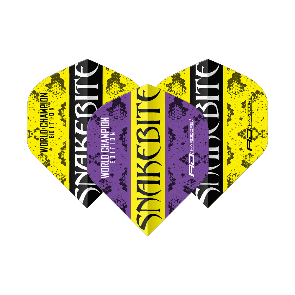 Das Bild zeigt drei Dartflights in den Farben Lila, Gelb und Schwarz mit dem Schriftzug "Snakebite" und "World Champion Edition". Die Flights haben ein auffälliges Schlangenhaut-Design und gehören zur Peter Wright Snakebite Serie.