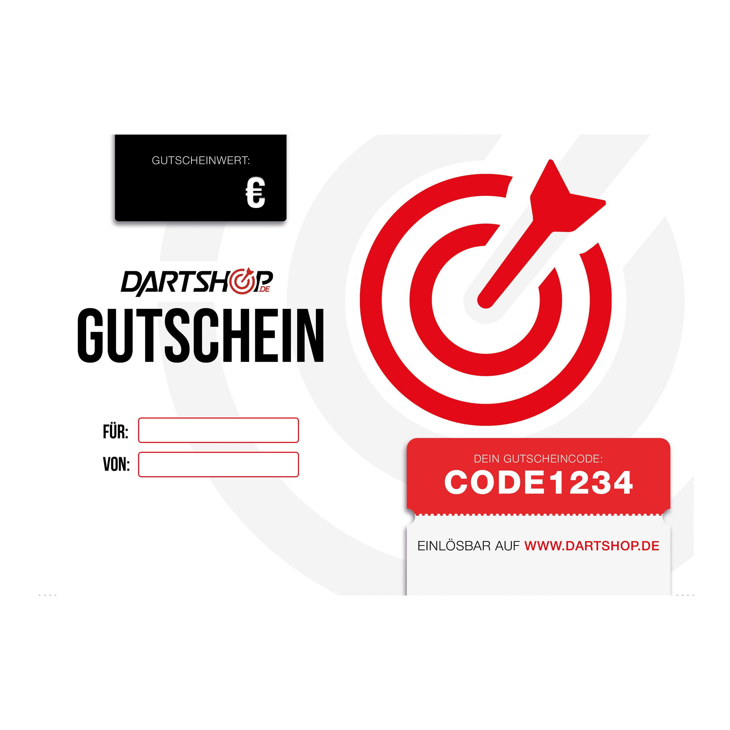 Dartshop Gutschein Auf dem Bild ist ein Dartshop Gutschein zu sehen. Rechts befindet sich eine rote Zielscheibe mit einem Pfeil sowie ein Feld für den Gutscheincode.
