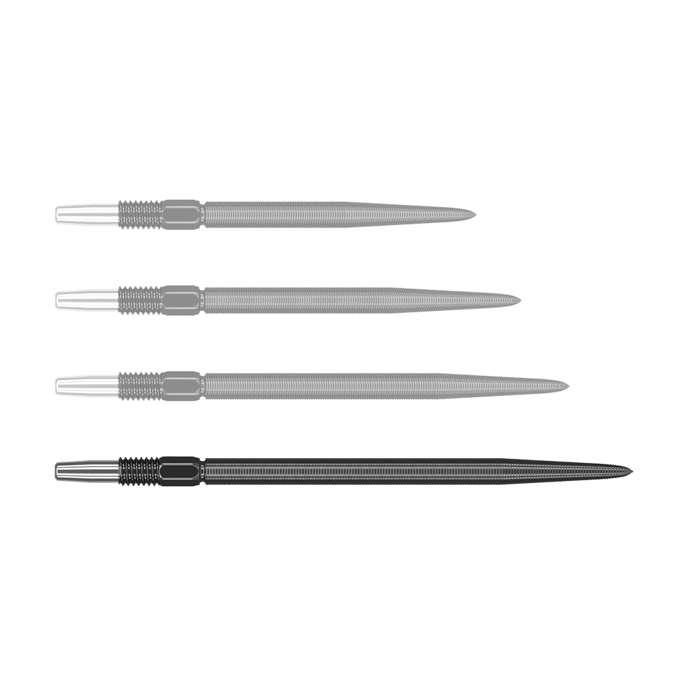 Target Swiss Point Nano Dartspitzen - Black Auf dem Bild sind vier schwarze Dartspitzen nebeneinander angeordnet. Die Spitzen haben einen silbernen Ansatz und einen geriffelten Schaft.