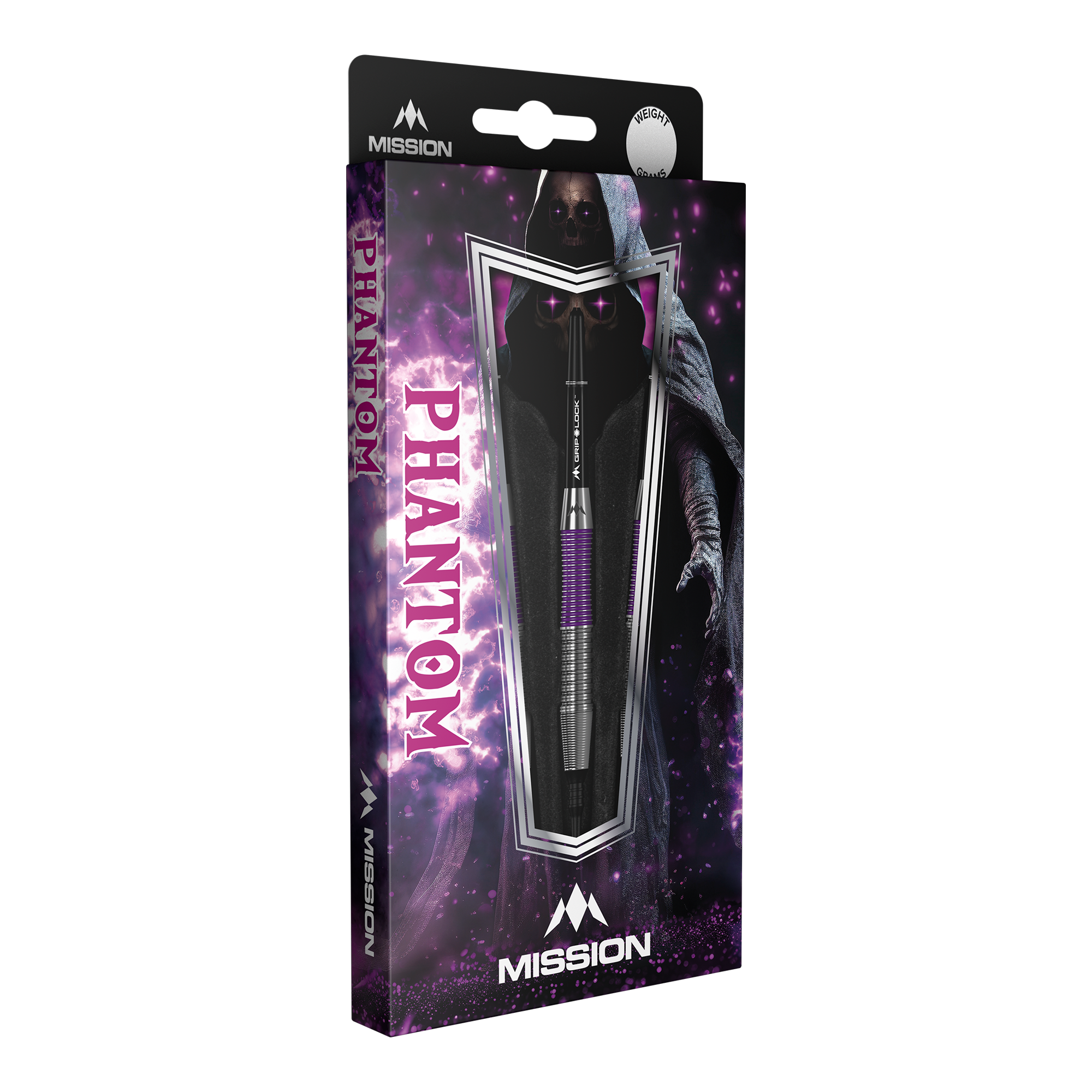 Die Abbildung zeigt die Mission Phantom Brass Softdarts mit einem Gewicht von 18g. Die Verpackung ist lila-schwarz gestaltet und zeigt einen mystischen Phantom-Charakter.