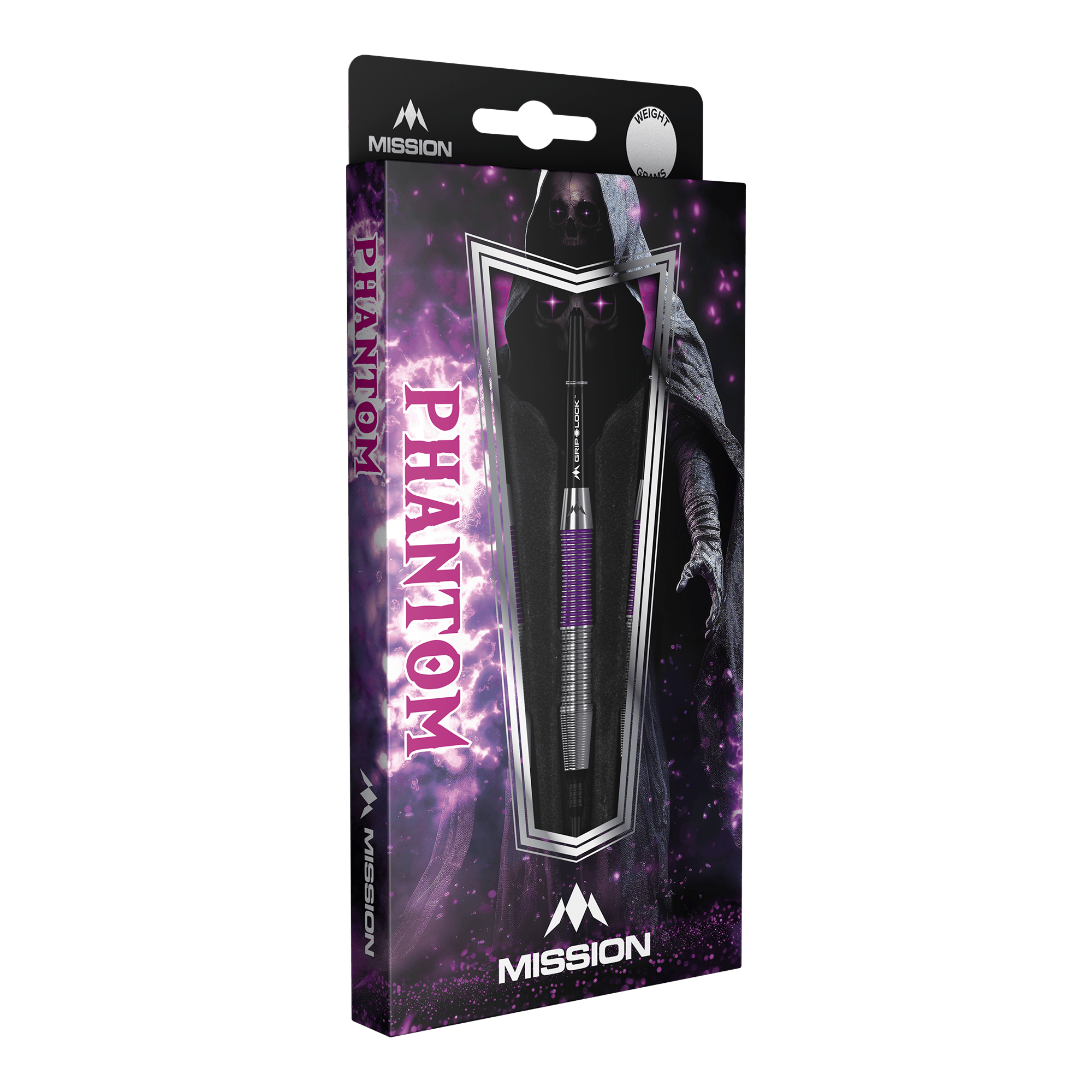 Mission Phantom Brass Softdarts - 18g Die Abbildung zeigt die Mission Phantom Brass Softdarts mit einem Gewicht von 18g. Die Verpackung ist lila-schwarz gestaltet und zeigt einen mystischen Phantom-Charakter.