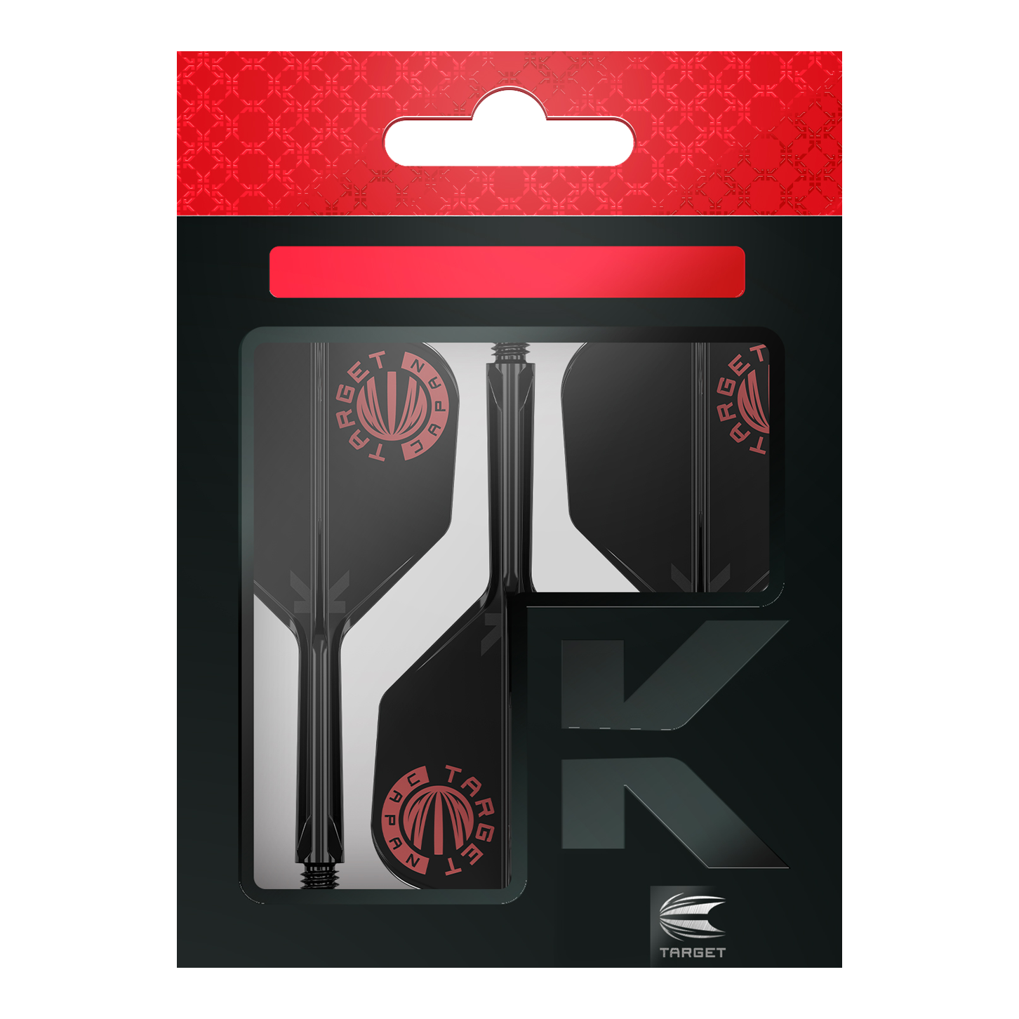 Target Japan K-Flex Original Logo Red Black No6 Flight-Shaft-System Das Bild zeigt die Verpackung des Produkts "Target Japan K-Flex Original Logo Red Black No6 Flight-Shaft-System". Die Verpackung ist schwarz mit roten Akzenten und dem Target-Logo sichtbar.