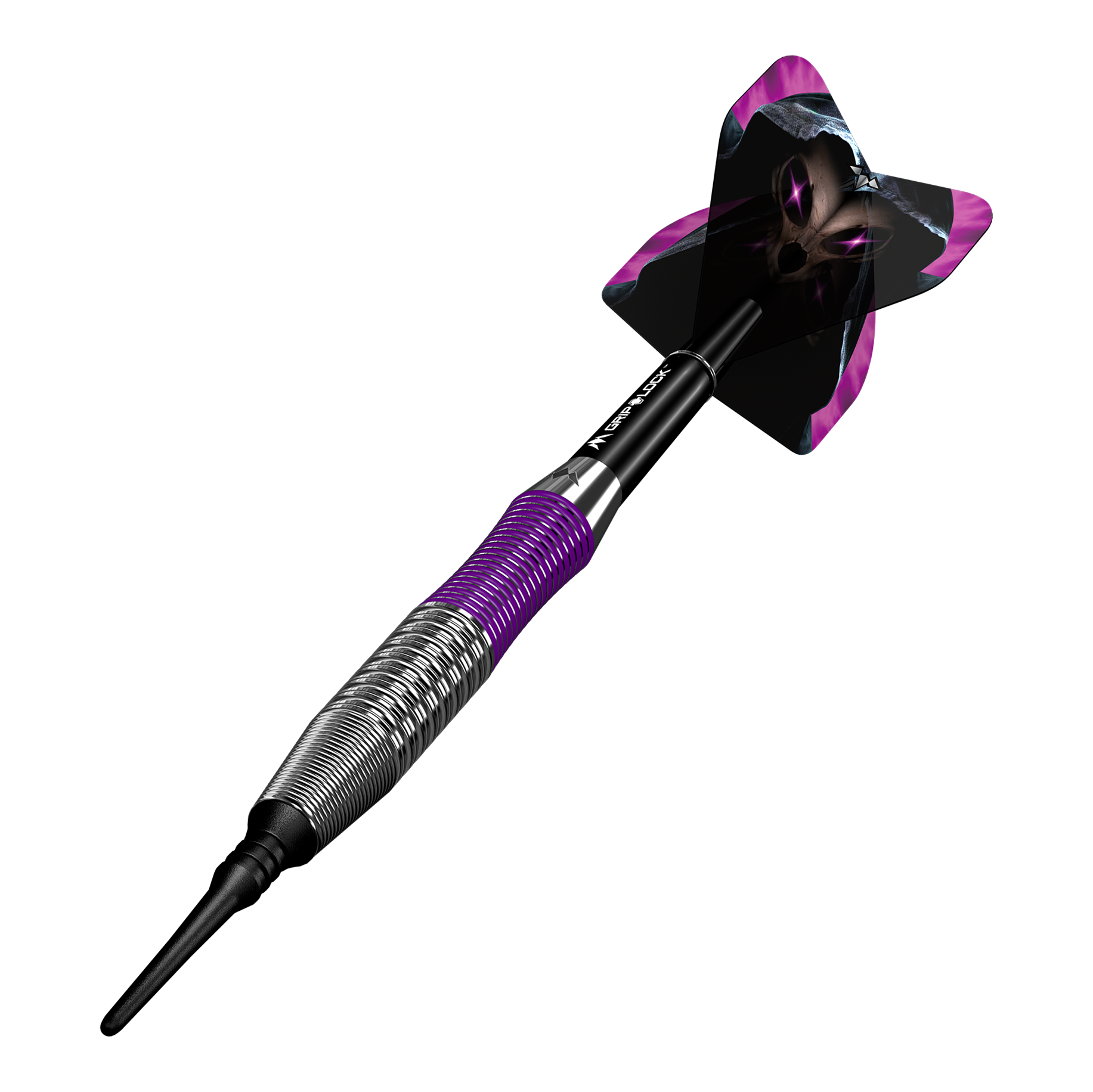 Dies ist ein Mission Phantom Brass Softdart mit einem Gewicht von 18g. Der Dart hat ein auffälliges Design mit lila und schwarzen Akzenten.
