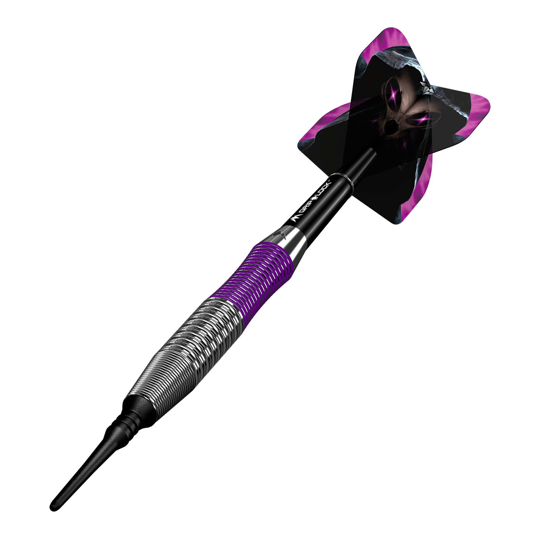 Mission Phantom Brass Softdarts - 18g Dies ist ein Mission Phantom Brass Softdart mit einem Gewicht von 18g. Der Dart hat ein auffälliges Design mit lila und schwarzen Akzenten.