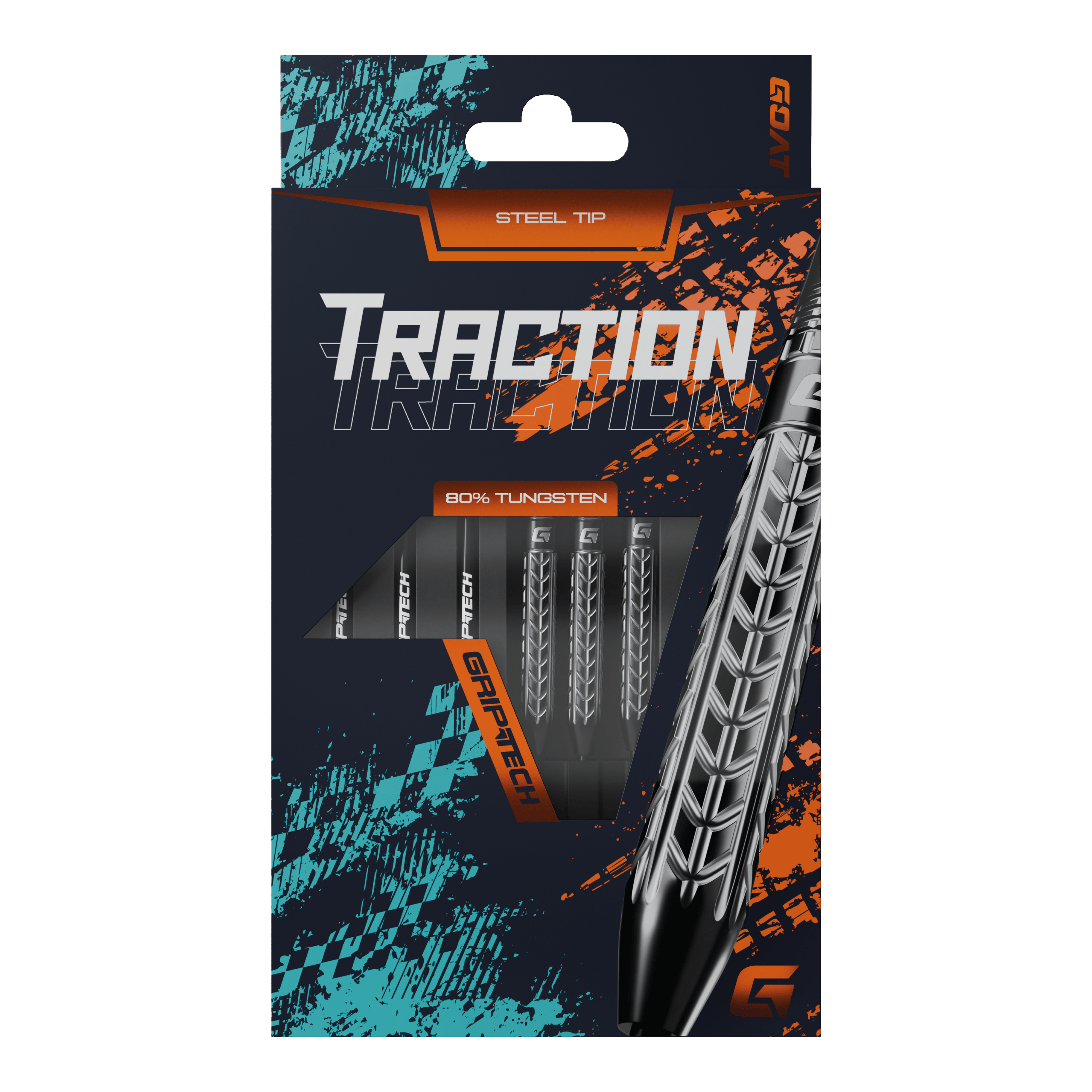 GOAT Traction Tungsten Steeldarts Die Abbildung zeigt die Verpackung der "GOAT Traction Tungsten Steeldarts" mit Stahlspitzen. Auf der Vorderseite ist das auffällige Design und der Hinweis auf 80% Tungsten sowie GRIPTECH deutlich sichtbar.