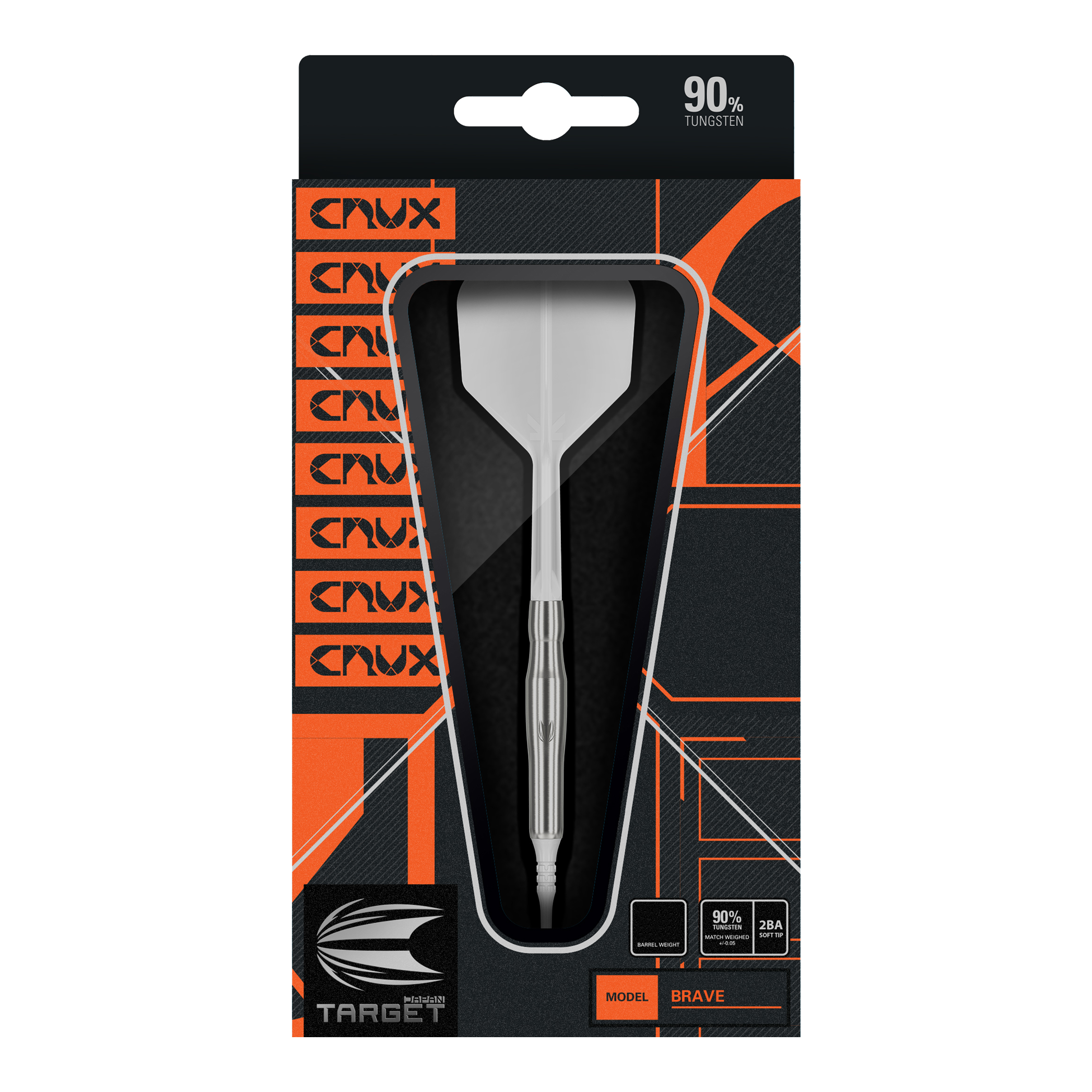 Target Japan Crux Brave Softdarts - 18,5g Das Bild zeigt die Verpackung des Produkts "Target Japan Crux Brave Softdarts - 18,5g". Der Dartpfeil ist gut sichtbar in einer schwarzen und orangefarbenen Box präsentiert.