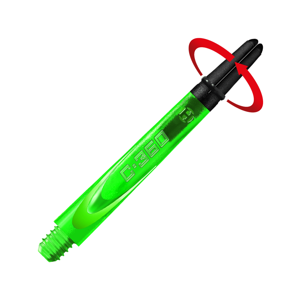 HR454_Harrows_Carbon_360_Shafts_Gr-n_49mm_2_Symbol Das Bild zeigt einen grünen Dart-Schaft mit der Aufschrift "C:360". Der Hintergrund ist in leuchtendem Grün gehalten, während das obere Ende des Schafts schwarz ist.