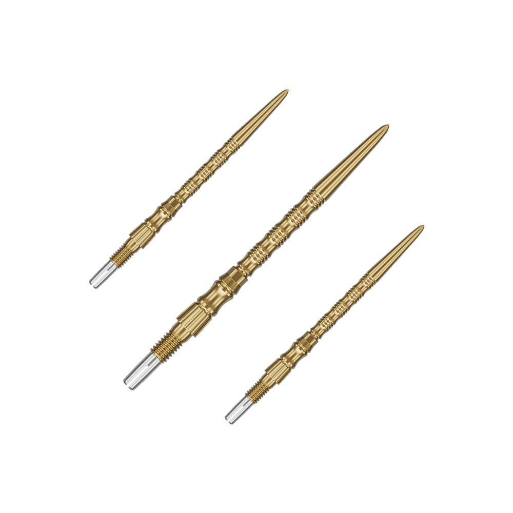 Ein Set von Target SwissPoint Signature TRB Dartspitzen in Gold mit 35mm Länge wird gezeigt. Die Dartspitzen sind zusammen abgebildet.