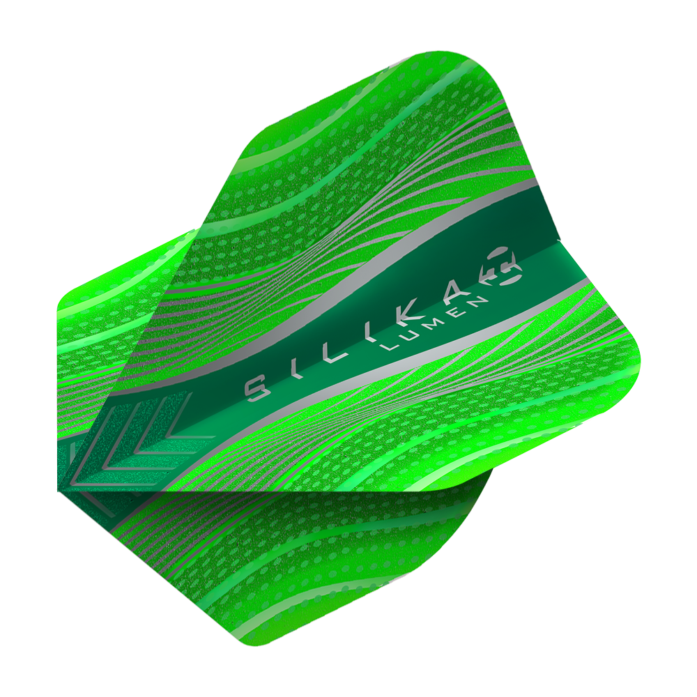 HR63_Harrows_Silika_Lumen_Green_No2_Standard_Flights_2 Das Bild zeigt einen Harrows Silika Lumen Green No2 Standard Flight. Das Dartflight ist grün mit modernen, glänzenden Mustern und dem Schriftzug "SILIKA LUMEN".