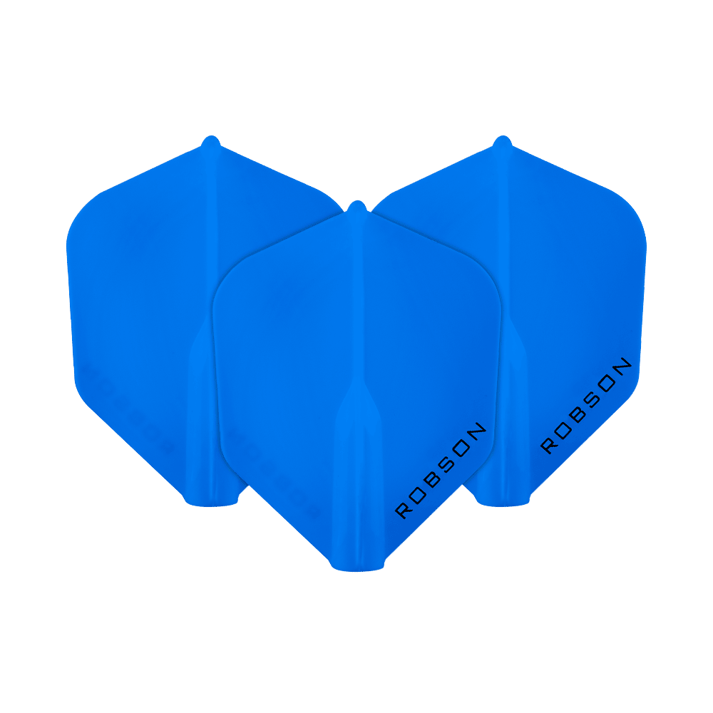 Das Bild zeigt drei blaue Dartflights der Marke Robson. Auf jedem Flight steht der Schriftzug "ROBSON" in schwarzer Schrift.
