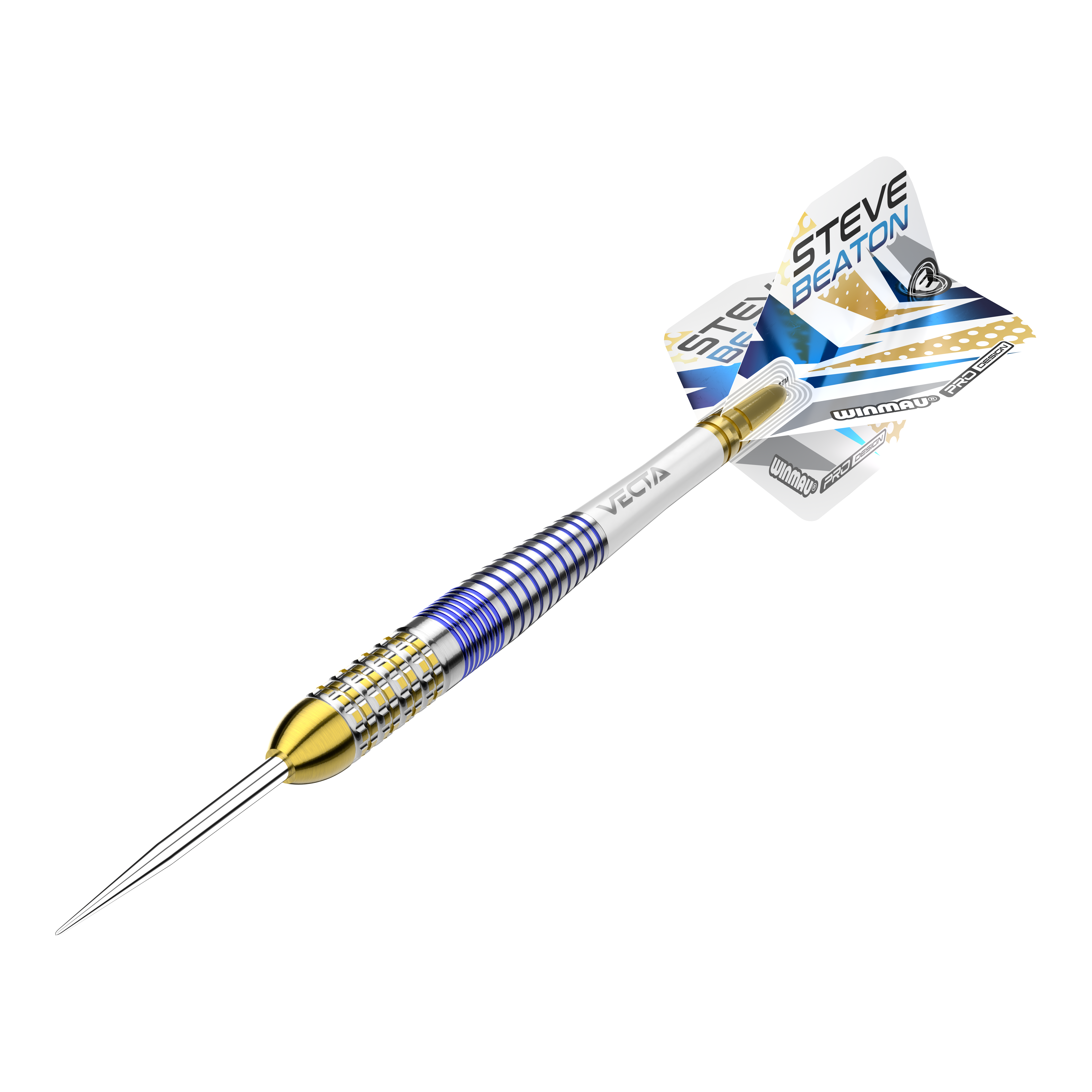 Winmau Steve Beaton Legend Series Steeldarts Das Bild zeigt einen Steeldart aus der Winmau Steve Beaton Legend Series. Der Dart hat ein farbenfrohes Design mit blauen, goldenen und silbernen Akzenten.