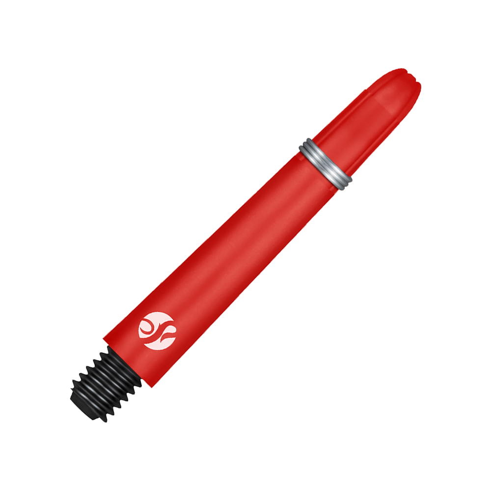 Shot Koi Carbon Shafts - Rot Auf dem Bild ist ein roter Carbon-Schaft für Dartpfeile zu sehen. Er hat ein silbernes Ringdetail und ein schwarzes Schraubgewinde am Ende.