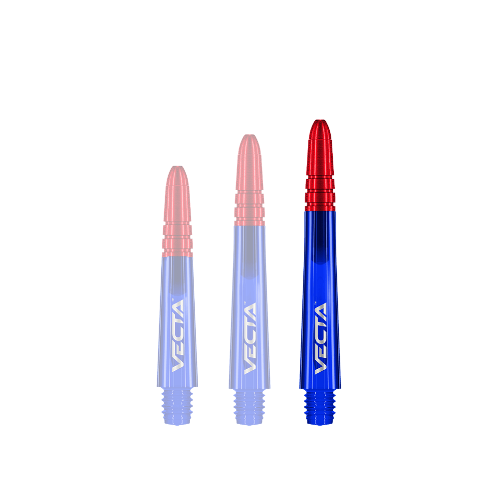 Winmau Vecta Shafts - Blau Rot Das Bild zeigt drei Dartschäfte in den Farben Blau und Rot. Auf jedem Schaft steht der Schriftzug „VECTA“.