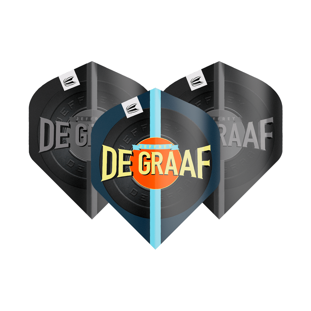 Das Bild zeigt drei Sätze Target Pro Ultra Jeffrey De Graaf GEN1 No2 Standard Flights. Auf den Flights steht groß „DE GRAAF“ und sie haben ein modernes Design in Schwarz und Blau.