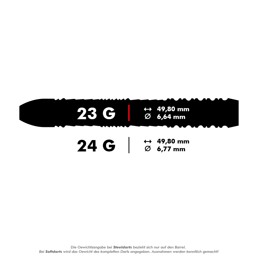Bulls NL Luna Triton Steeldarts Das Bild zeigt die Maße und Gewichte von Steeldarts in 23 Gramm und 24 Gramm. Die Längen und Durchmesser sind jeweils angegeben: 23 g (49,80 mm, 6,64 mm) und 24 g (49,80 mm, 6,77 mm).