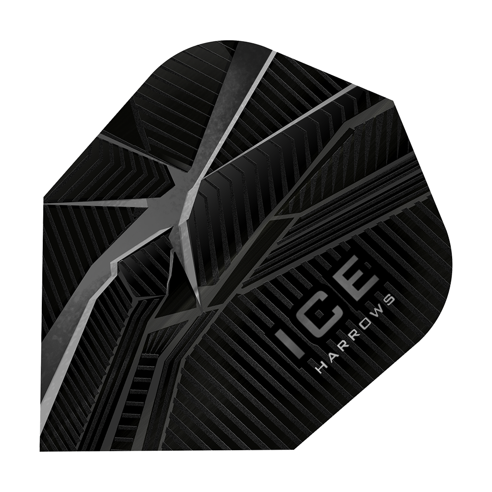 Dies ist ein Harrows Ice Recut Standard Flight für Darts. Das Flight ist schwarz mit silbernen Linien und dem weißen Aufdruck "ICE Harrows".