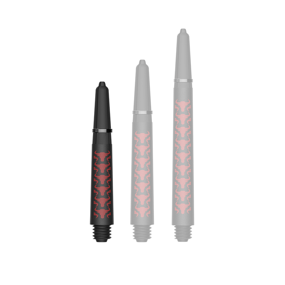 Bulls NL Capo Carbon Shafts - Rot Zu sehen ist ein Dartzubehör, speziell eine Capo Carbon Shaft in Rot und kurzer Ausführung mit 34mm Länge. Das Produkt dient vermutlich als Teil eines Dartpfeils.