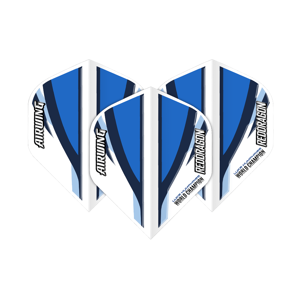 Das Bild zeigt drei Dartflights in Weiß und Blau mit dem Aufdruck "Red Dragon" und "Airwing". Auf den Flights steht außerdem "Luke Humphries World Champion".