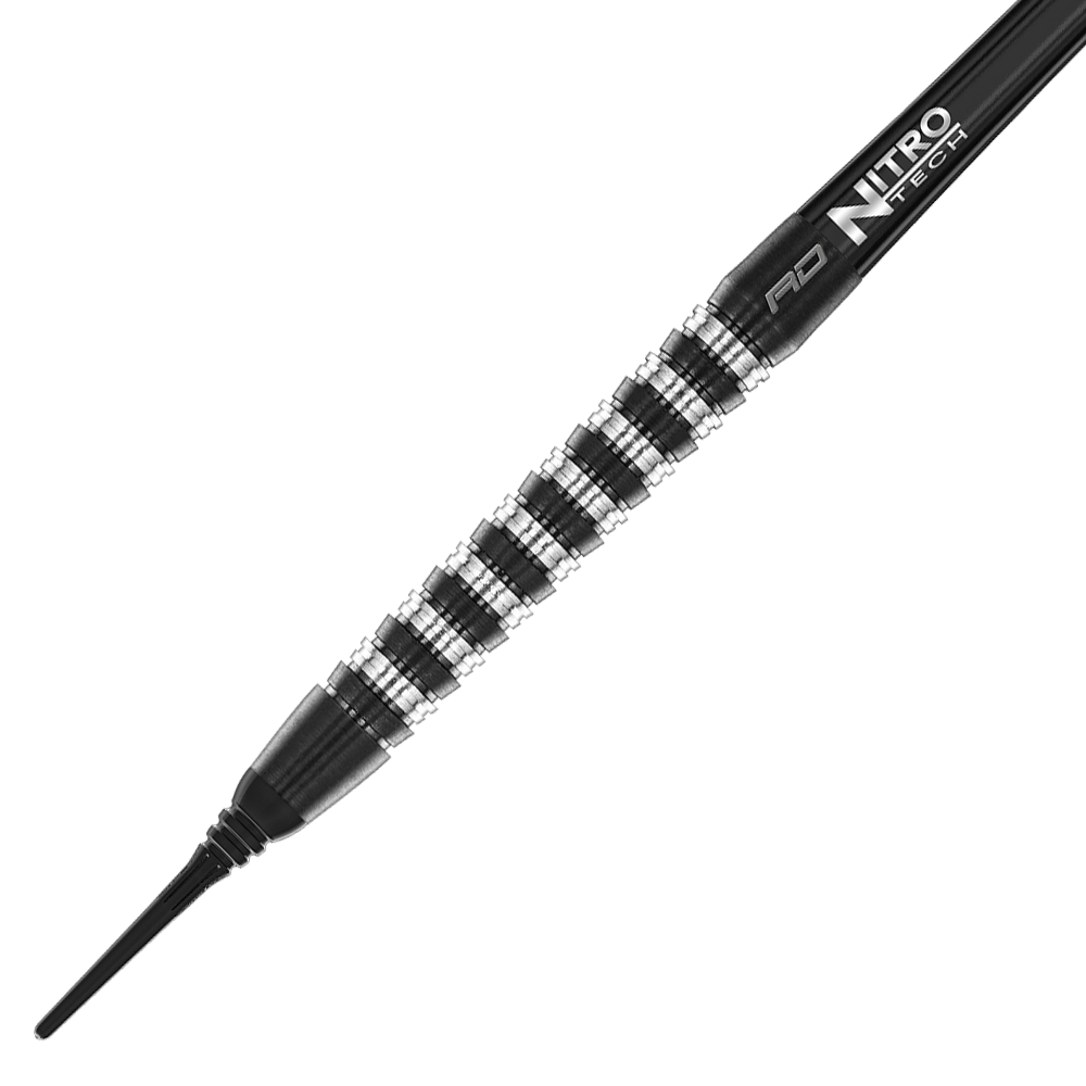 Das Bild zeigt den Red Dragon Razor Edge Elite Softdart mit einem Gewicht von 20 Gramm. Der Dart hat ein schwarzes und silbernes Rillen-Design sowie eine schwarze Spitze.
