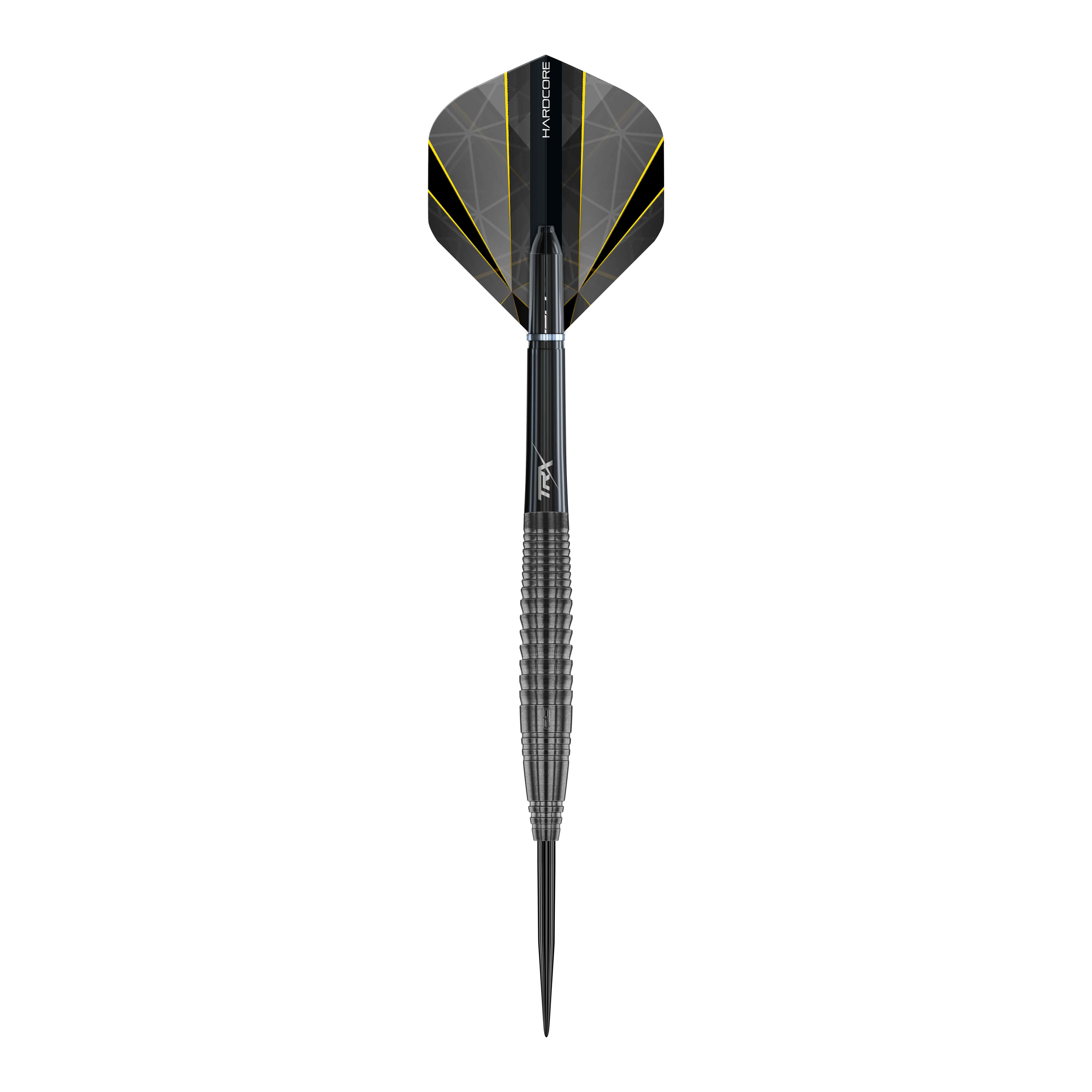 Red Dragon Seren 4 Onyx Steeldarts Dieses Bild zeigt den "Red Dragon Seren 4 Onyx Steeldart". Der Dartpfeil ist schwarz mit gelben Akzenten und hat ein modernes, geriffeltes Design.