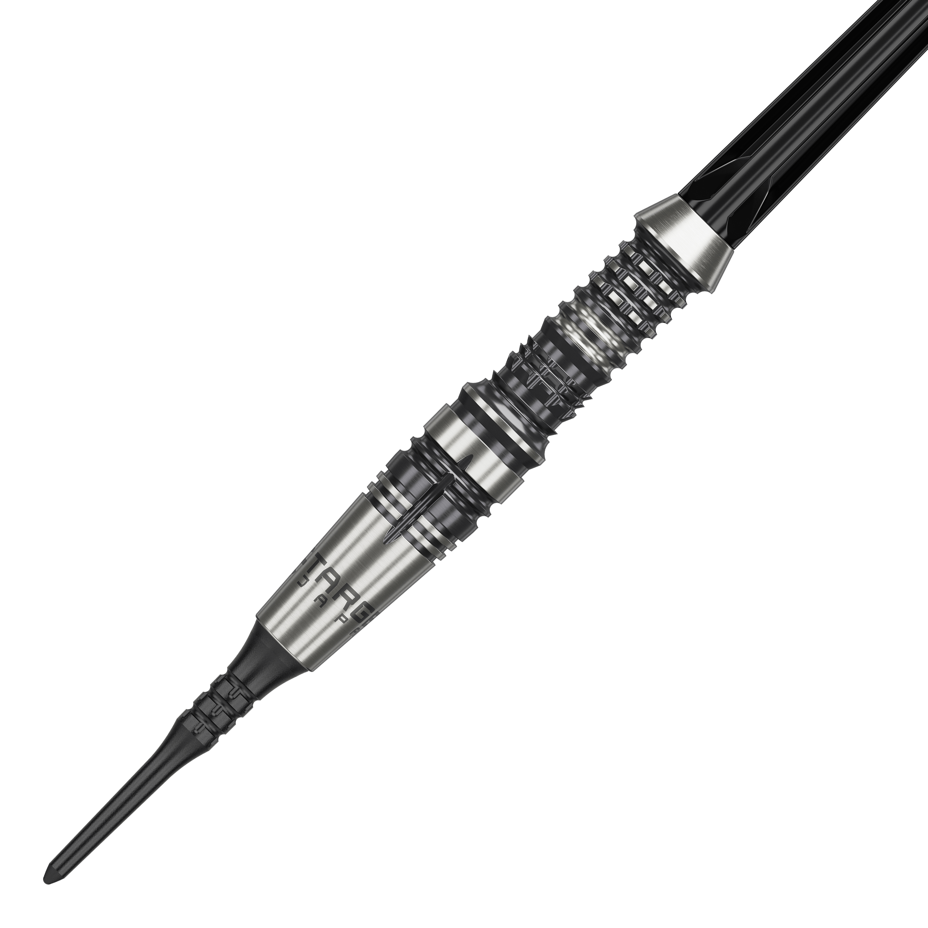 Das Bild zeigt einen Target Japan Black Marque Heracles Softdart mit einem Gewicht von 18g. Der Dartpfeil hat ein silbernes, fein geriffeltes Barrel und eine schwarze Spitze.