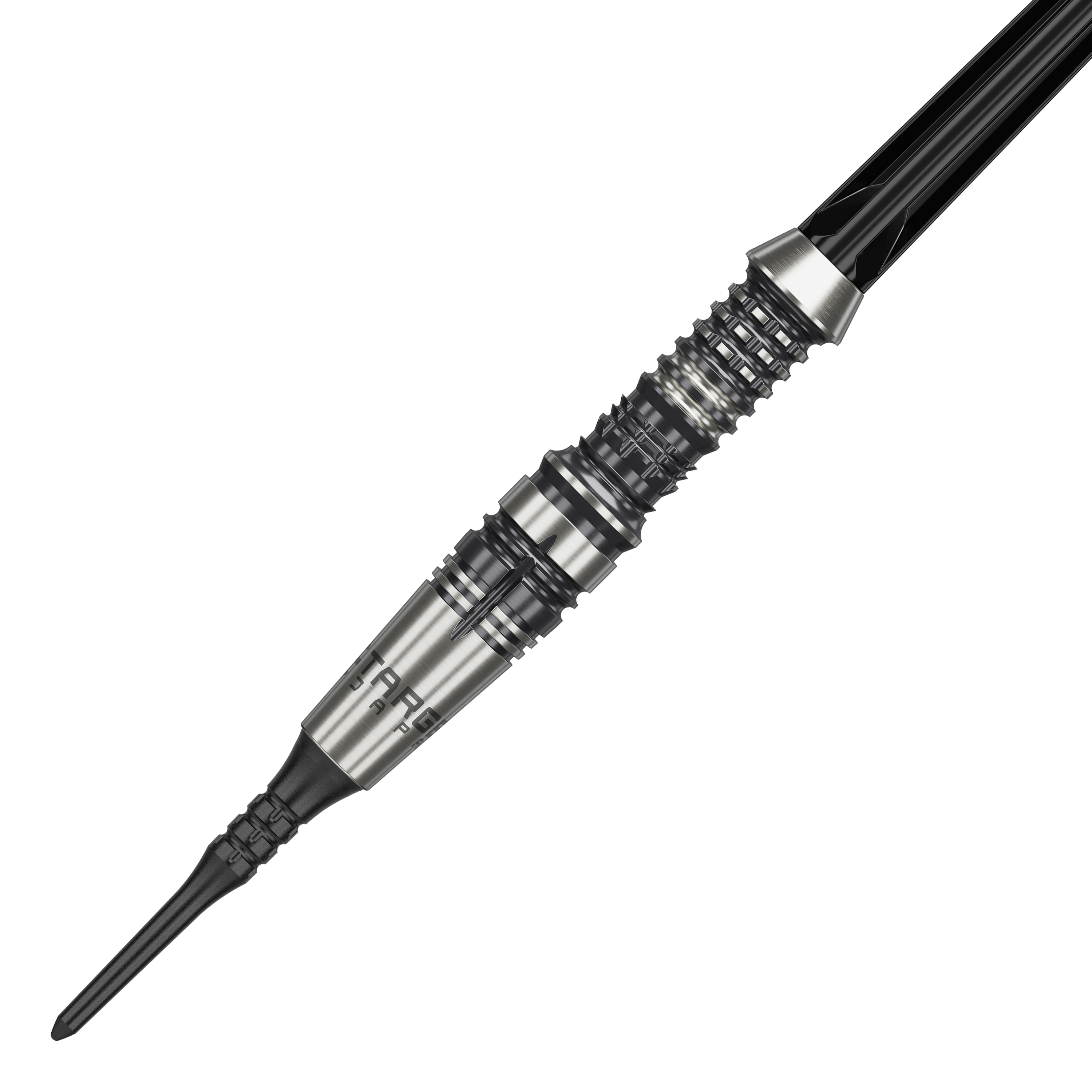 Target Japan Black Marque Heracles Softdarts - 18g Das Bild zeigt einen Target Japan Black Marque Heracles Softdart mit einem Gewicht von 18g. Der Dartpfeil hat ein silbernes, fein geriffeltes Barrel und eine schwarze Spitze.