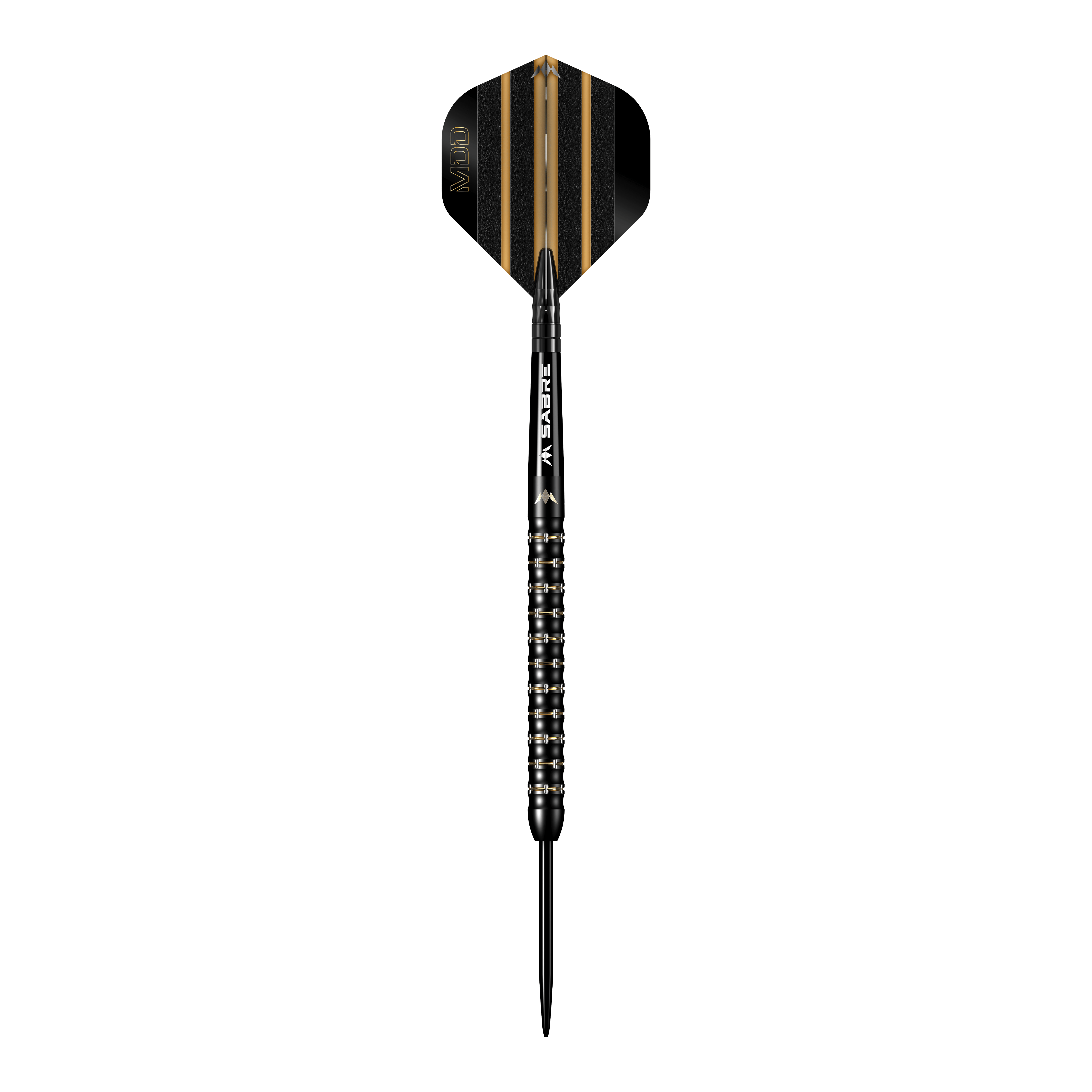 Das Bild zeigt einen schwarzen Steeldart mit goldenen Akzenten aus der Serie "Mission Mike De Decker MDD Black Gold". Der Dart hat ein modernes Design mit fein geriffeltem Griff und einer schwarz-goldenen Flight.