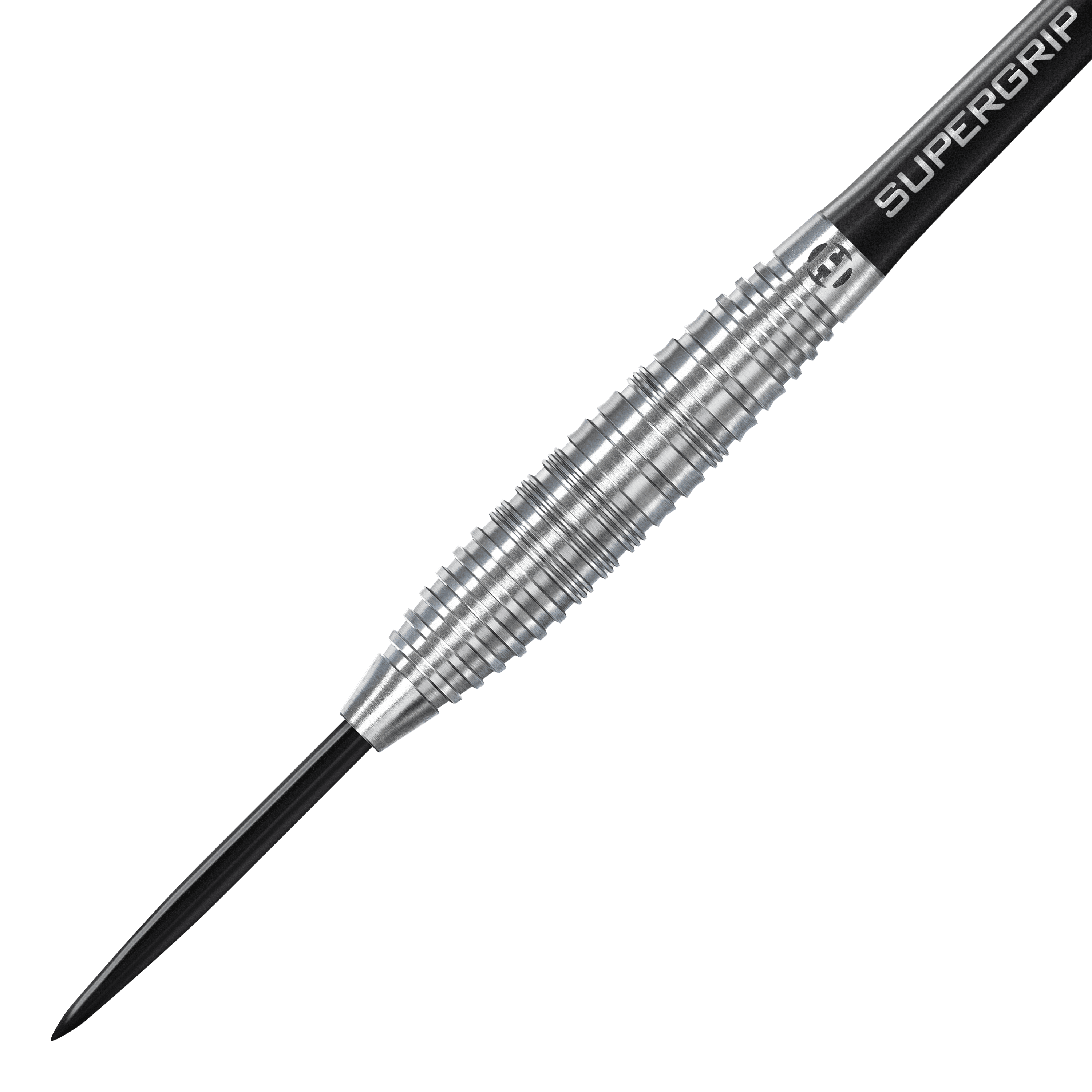 Das Bild zeigt einen Harrows NX90 Bomb Steeldart mit einem silbernen, geriffelten Barrel. Am oberen Ende ist ein schwarzer Schaft mit der Aufschrift "SUPERGRIP" zu sehen.
