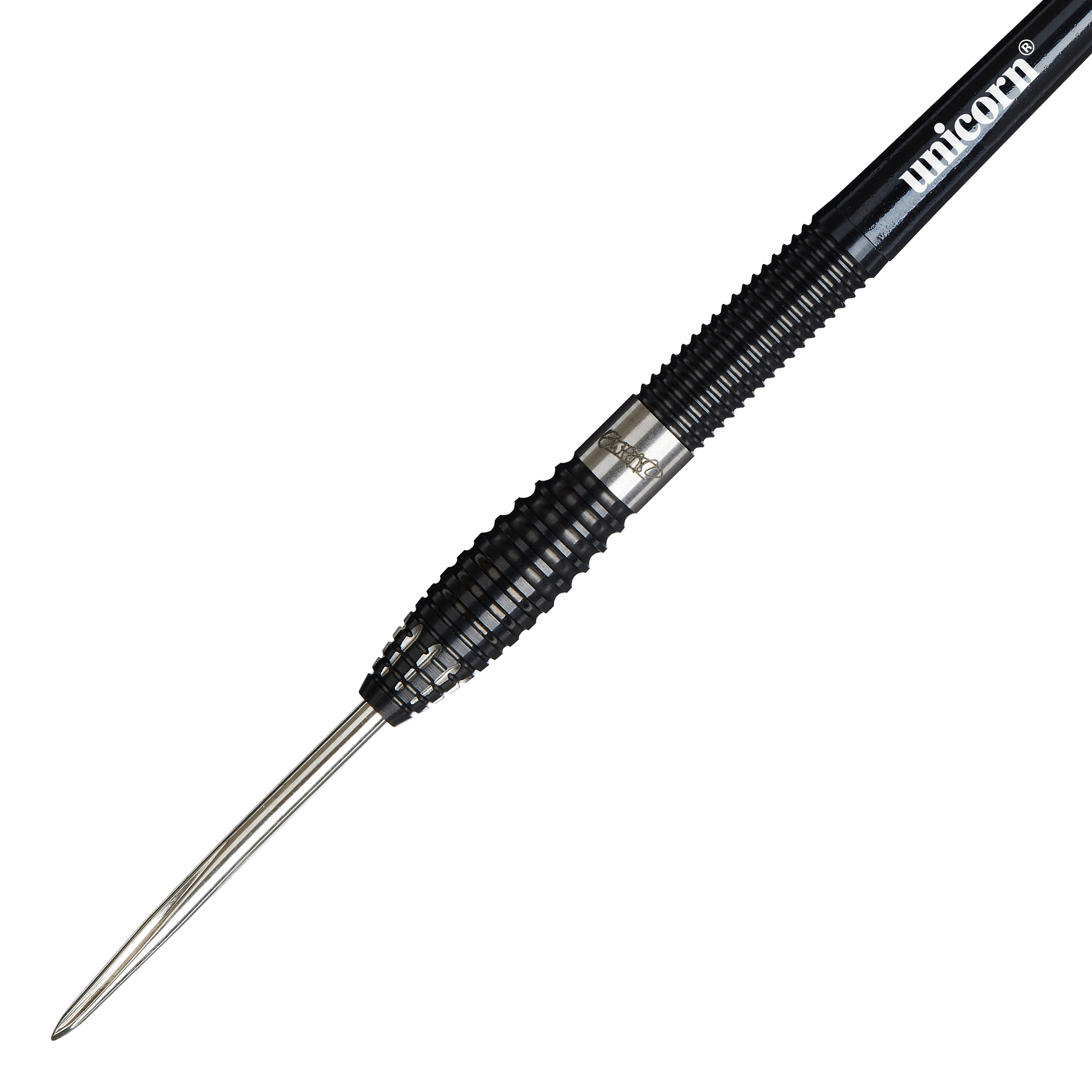 Das Bild zeigt einen Unicorn Contender Owen Roelofs Steeldart mit einem Gewicht von 22g. Der Dartpfeil ist überwiegend schwarz mit silbernen Metallteilen und einem geriffelten Griff.