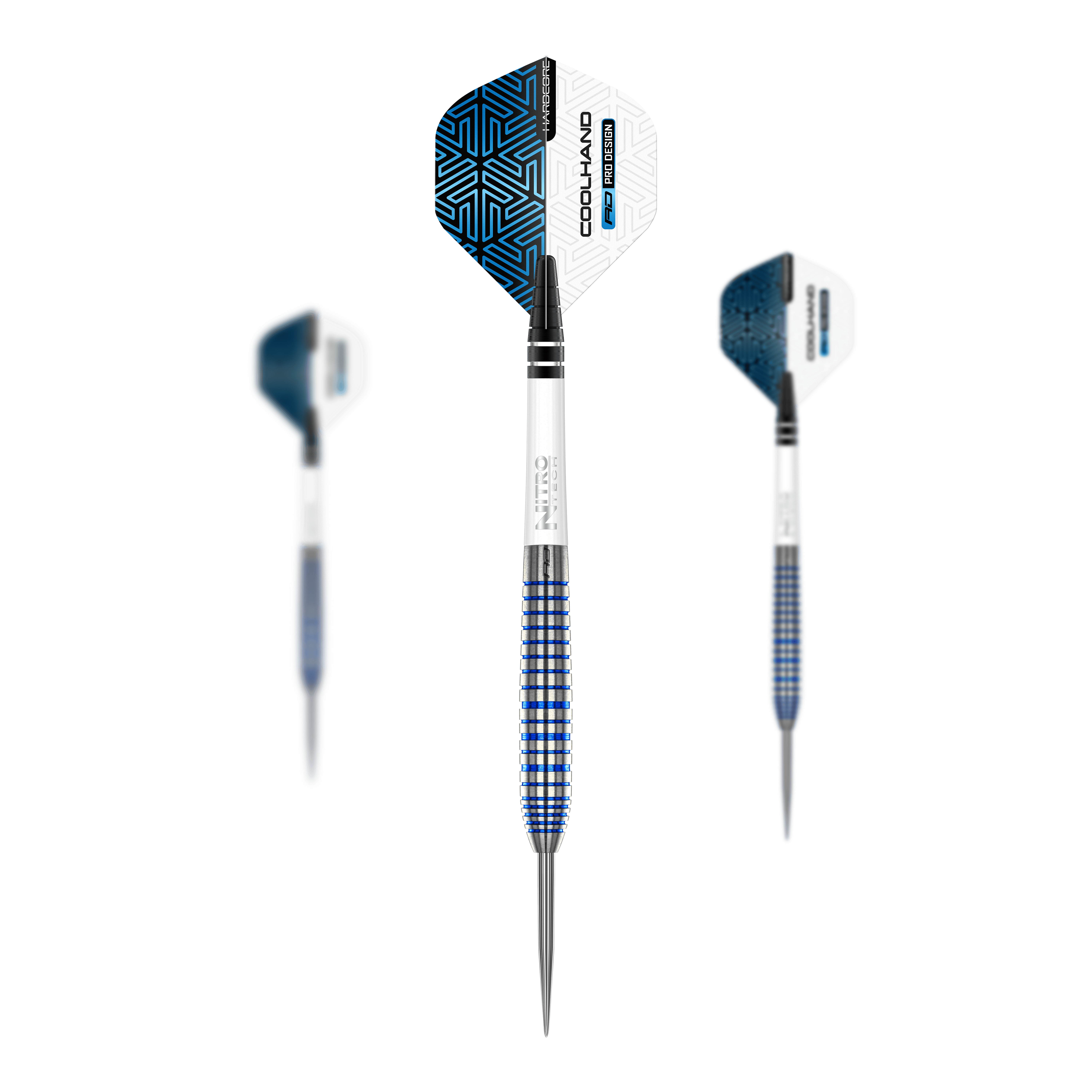 Das Bild zeigt drei Steeldarts des Modells "Red Dragon Luke Humphries TX3 Cool Blue SE". Die Darts haben eine blaue und silberne Farbgebung mit auffälligen Mustern auf den Flights.