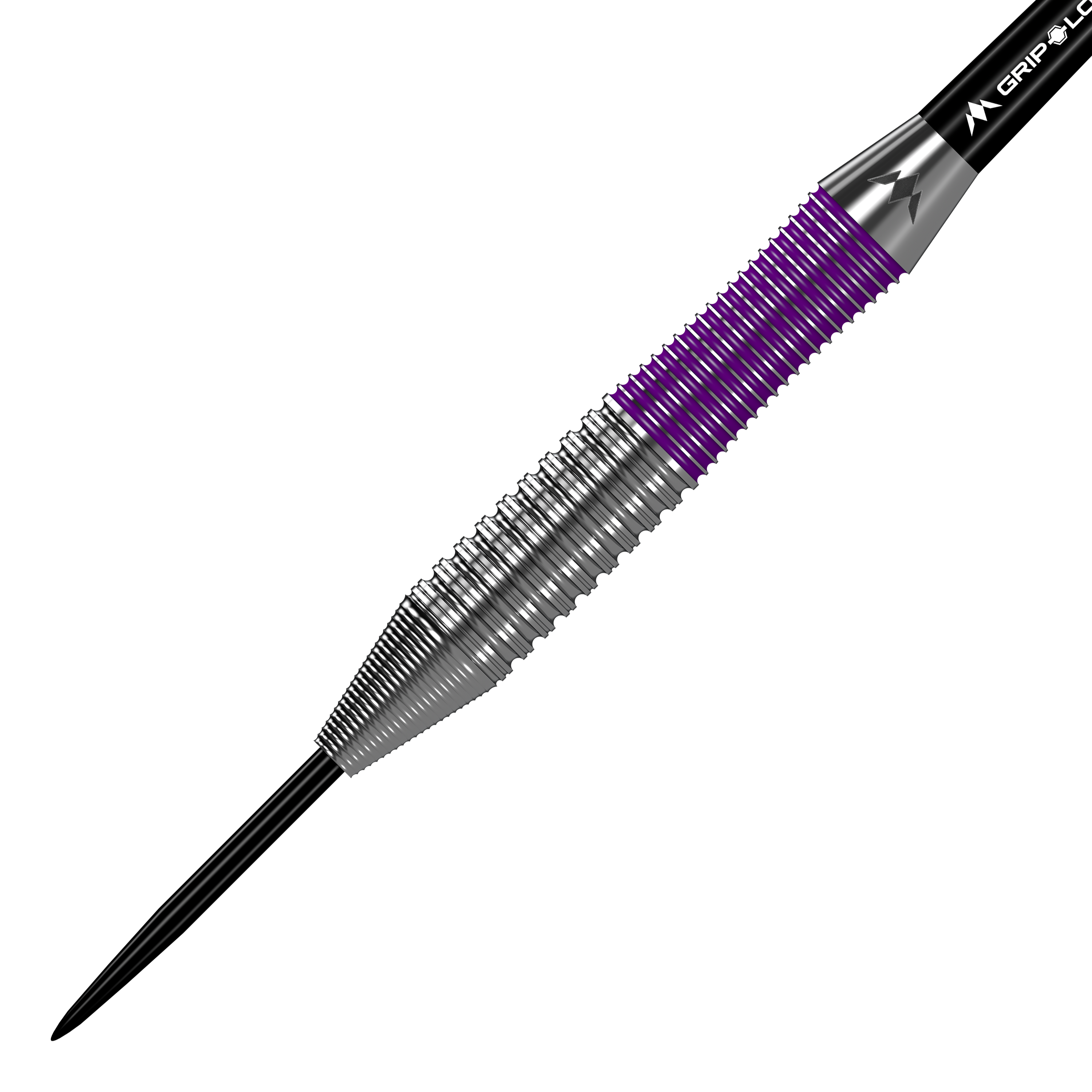 Mission Phantom Brass Steeldarts - 22g Das Bild zeigt einen Mission Phantom Brass Steeldart mit einem Gewicht von 22g. Der Dart hat eine silberne Spitze und ein Griffstück mit lila und silbernen Rillen.