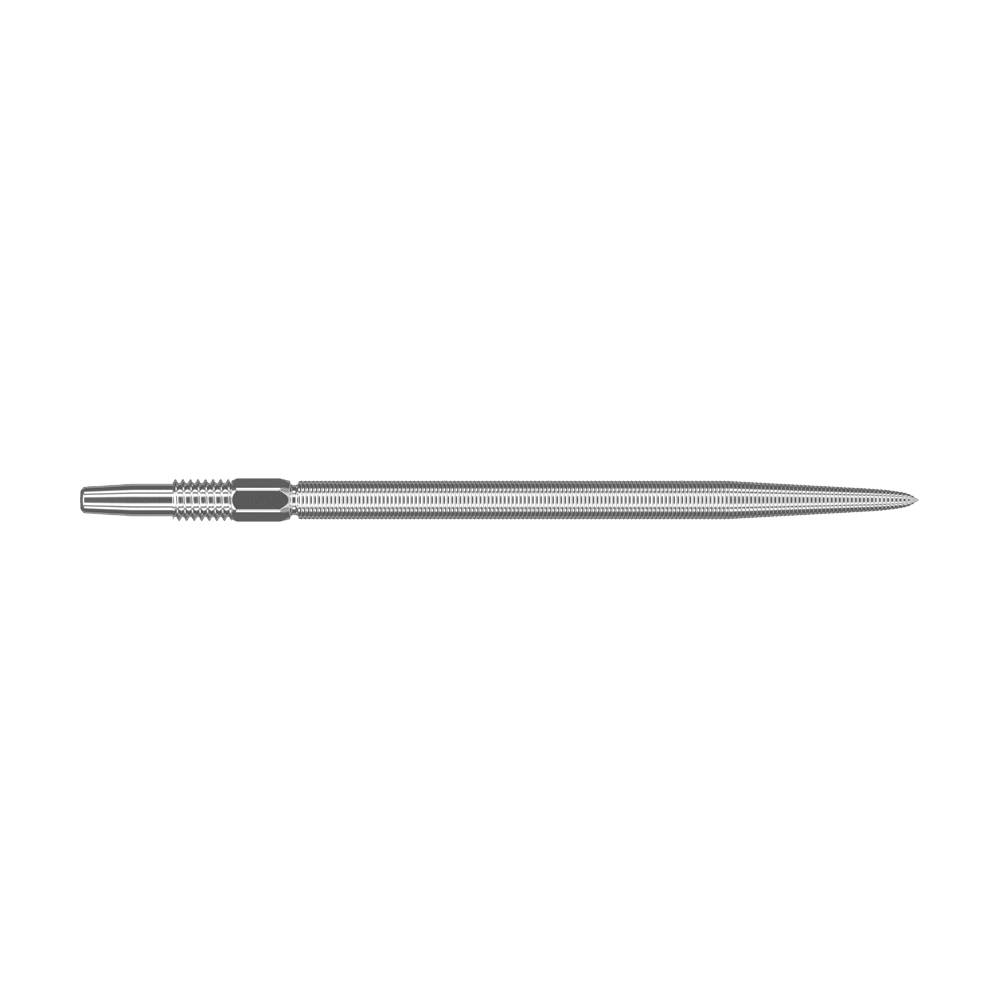 Target Swiss Point Nano Dartspitzen - Silver Das Bild zeigt eine silberne Dartspitze mit feiner Riffelung. Sie ist lang und schlank gestaltet und besitzt präzise eingearbeitete Details.