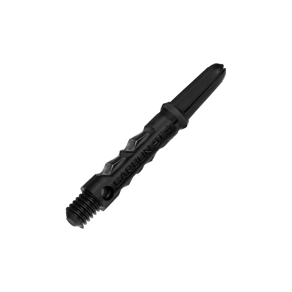 Das Bild zeigt einen schwarzen Harrows Carbon ST Schaft für Darts. Der Schaft hat eine elegante, strukturierte Oberfläche und ist aus robustem Material gefertigt.