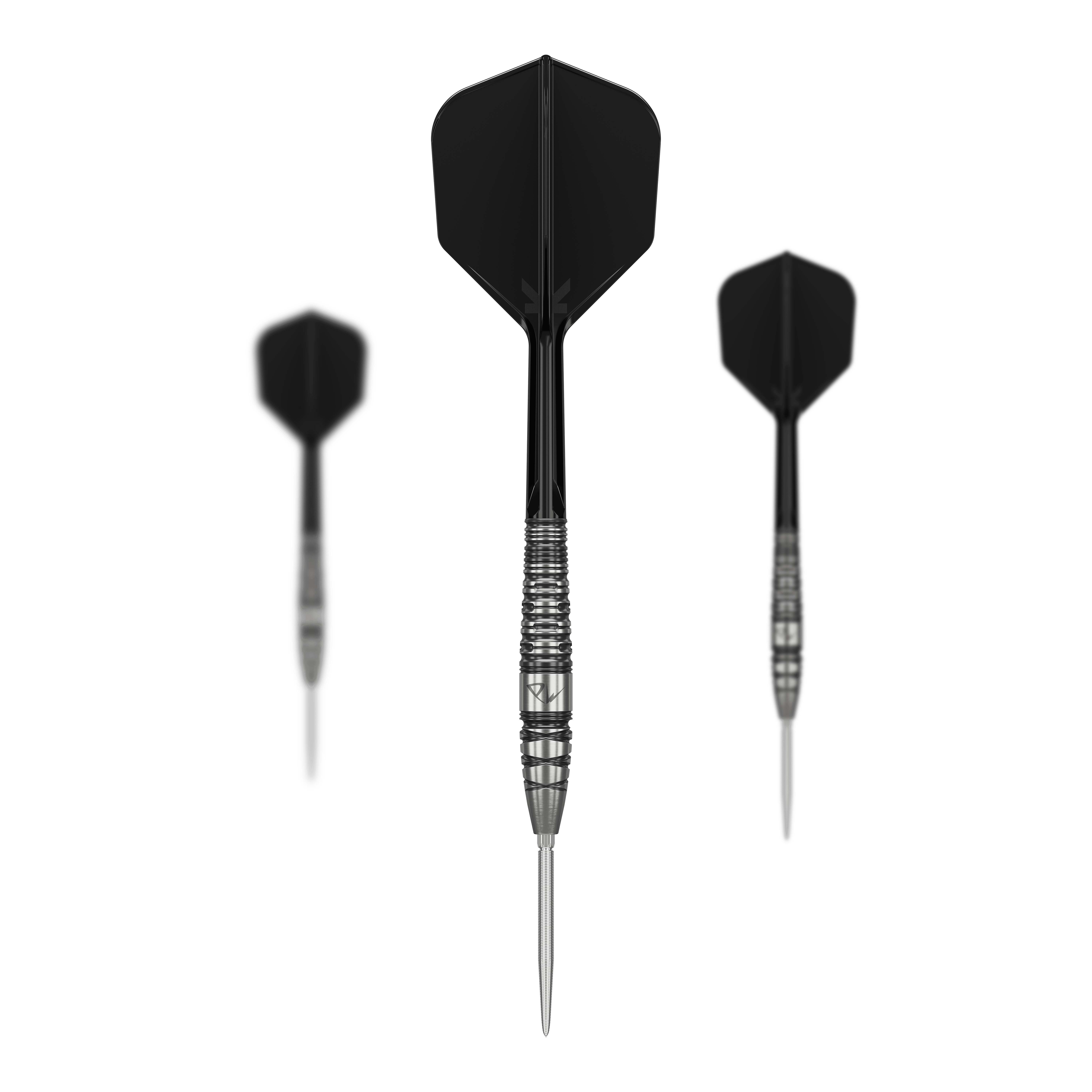Das Bild zeigt drei schwarze Steeldarts aus der Serie "Target Japan Black Marque PW 2 SP". Die Darts haben silberne Spitzen und eine strukturierte Griffzone.