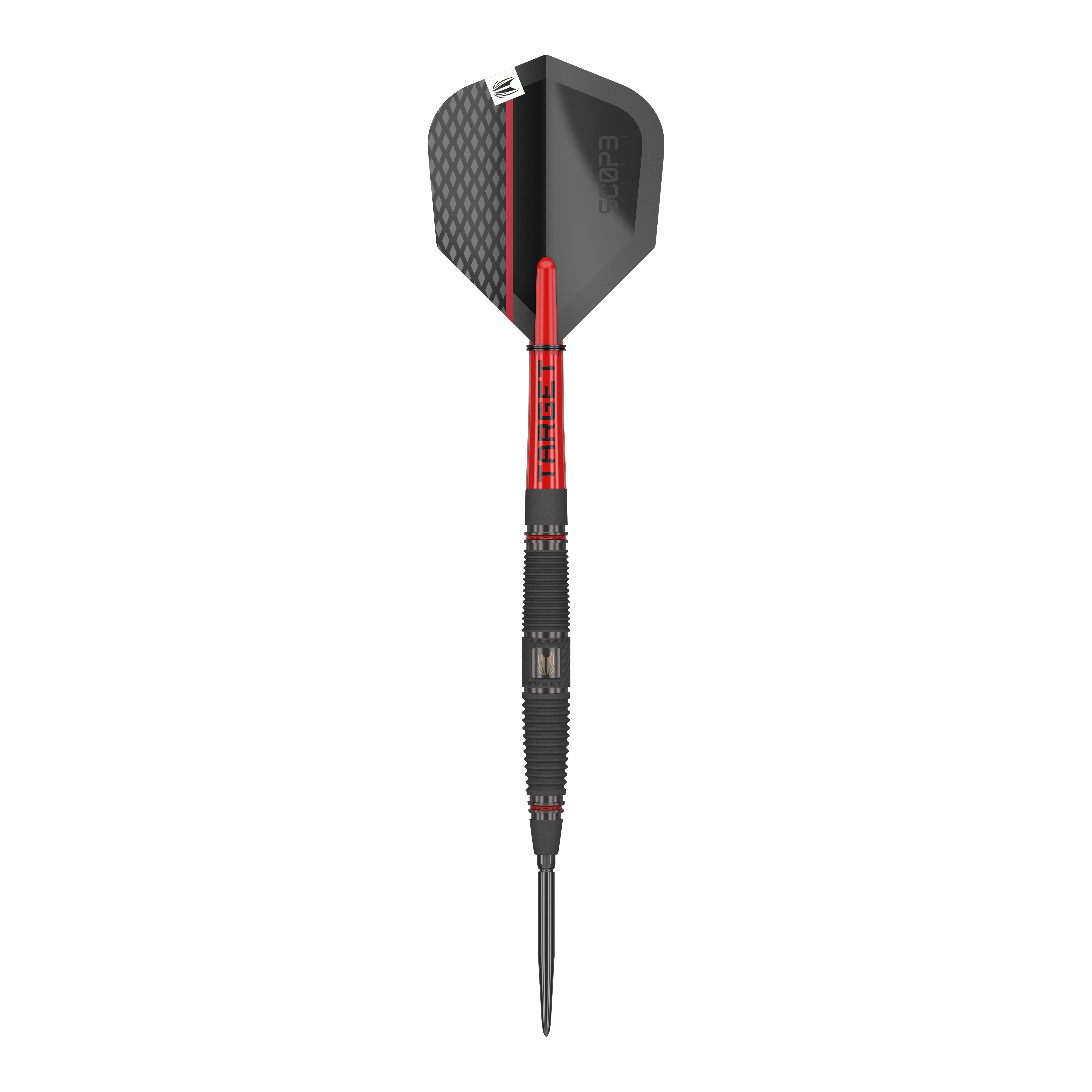 Target Scope 04 Swiss Point Steeldarts Dies ist der Target Scope 04 Swiss Point Steeldart. Er hat ein modernes Design mit schwarzen und roten Akzenten.