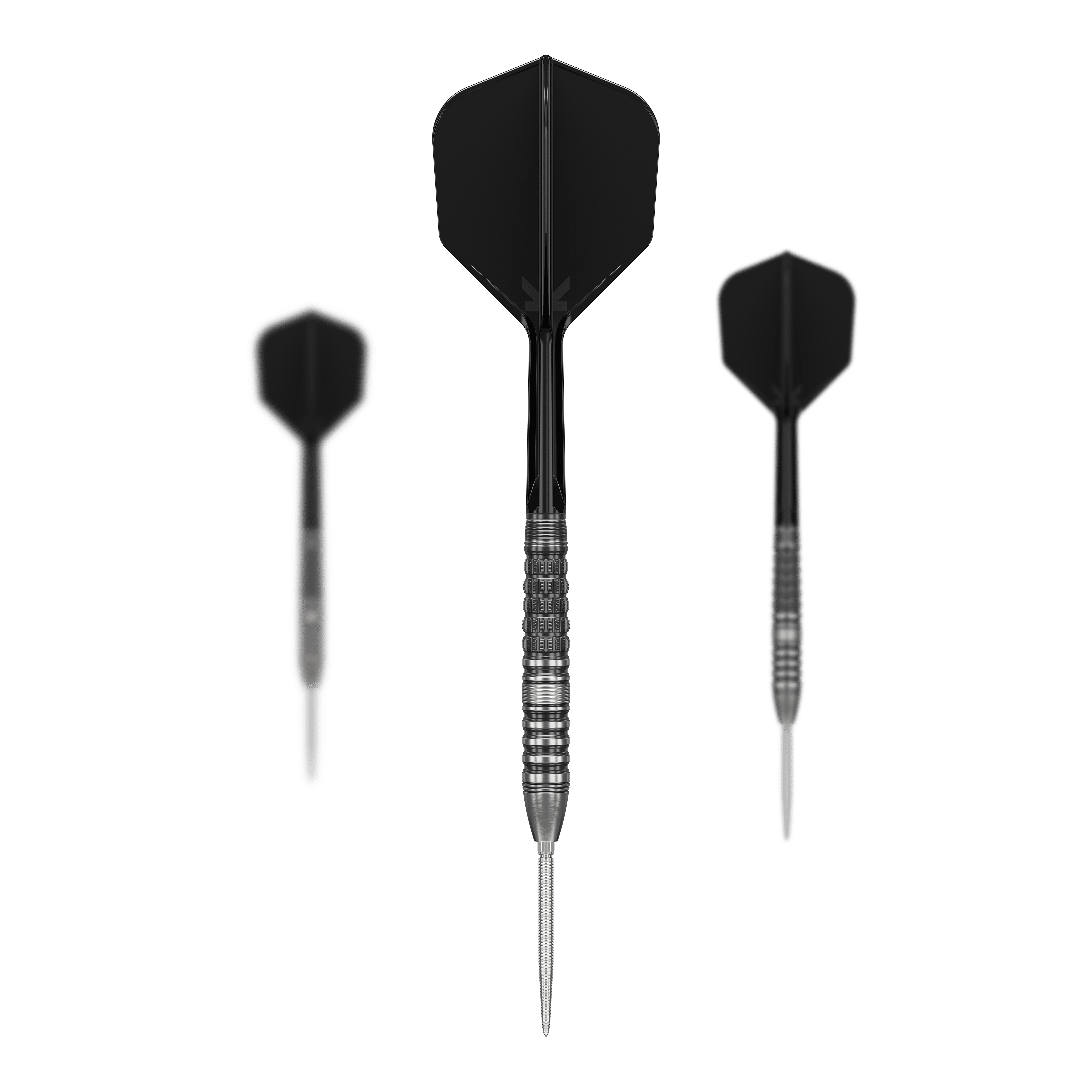 Das Bild zeigt drei Steeldarts mit schwarzen Flights und silbernen Spitzen. Es handelt sich um das Produkt "Target Japan Black Marque Lumiere GEN3 Steeldarts".