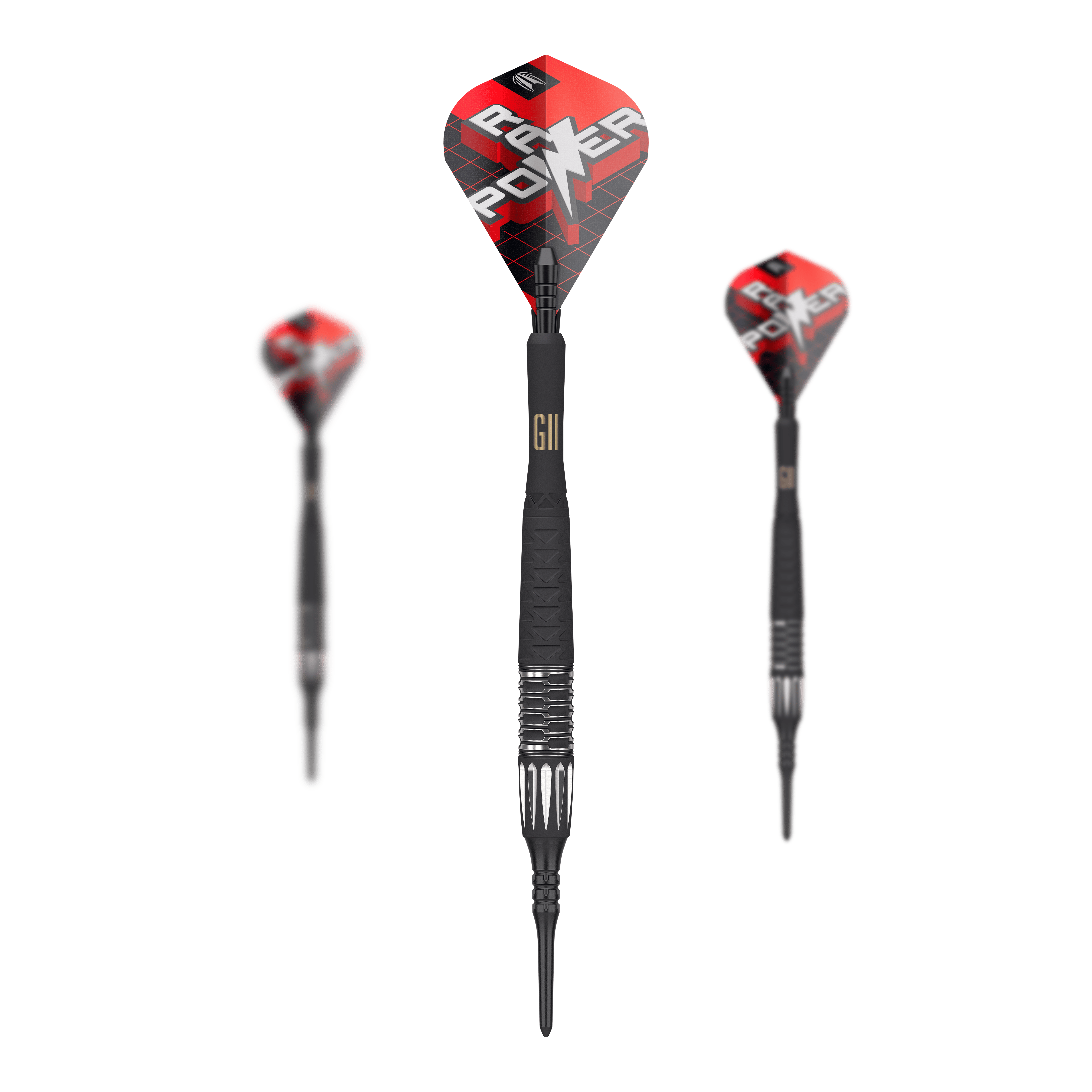 Das Bild zeigt drei Softdarts des Modells "Target Phil Taylor RAW Power 9Five GEN11". Die Darts haben schwarze Spitzen und rote Flights mit der Aufschrift "RAW POWER".