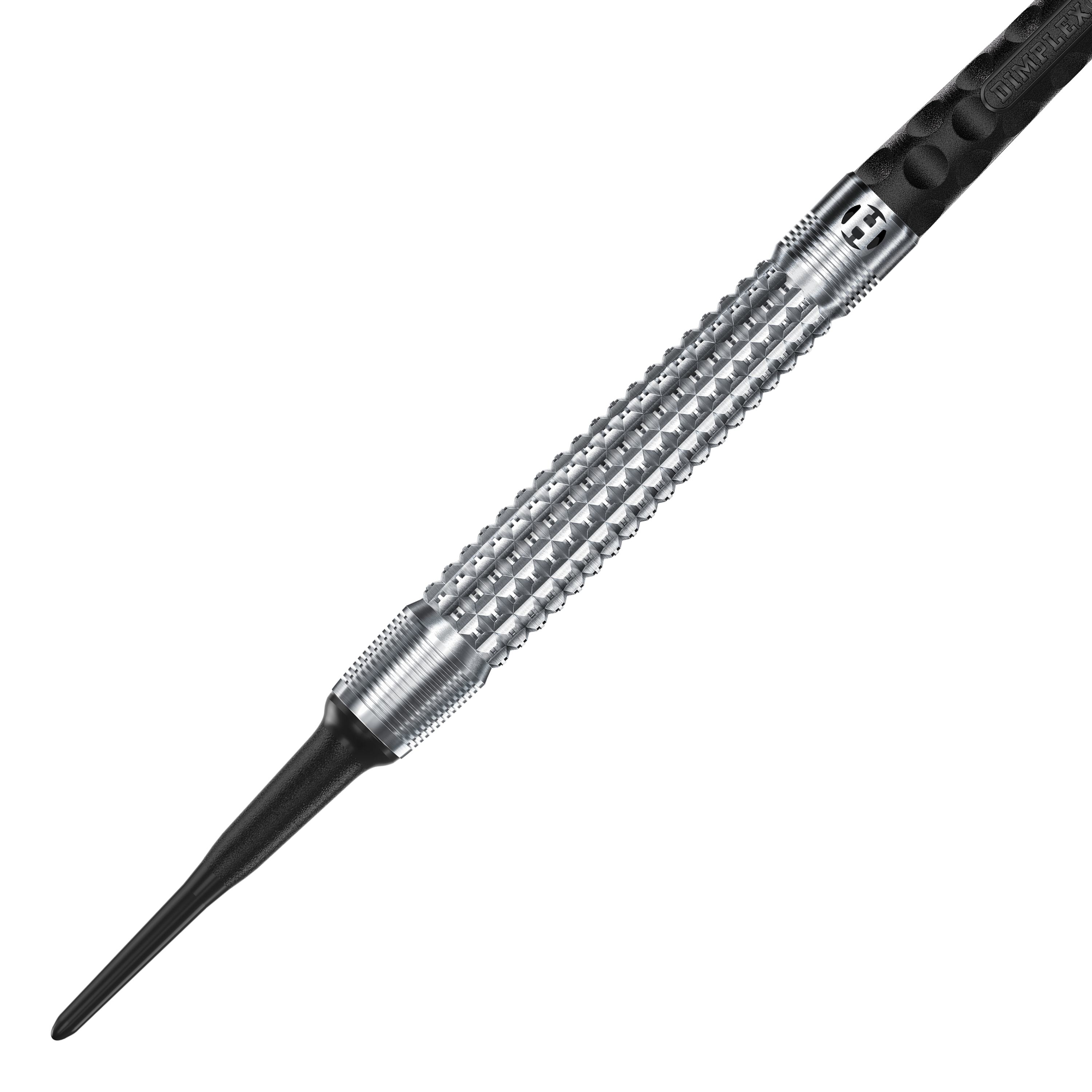 Das Bild zeigt einen Harrows Dimplex S3 Tapered Softdart. Der Dartpfeil hat eine silberne, geriffelte Metallspitze und einen schwarzen Schaft.