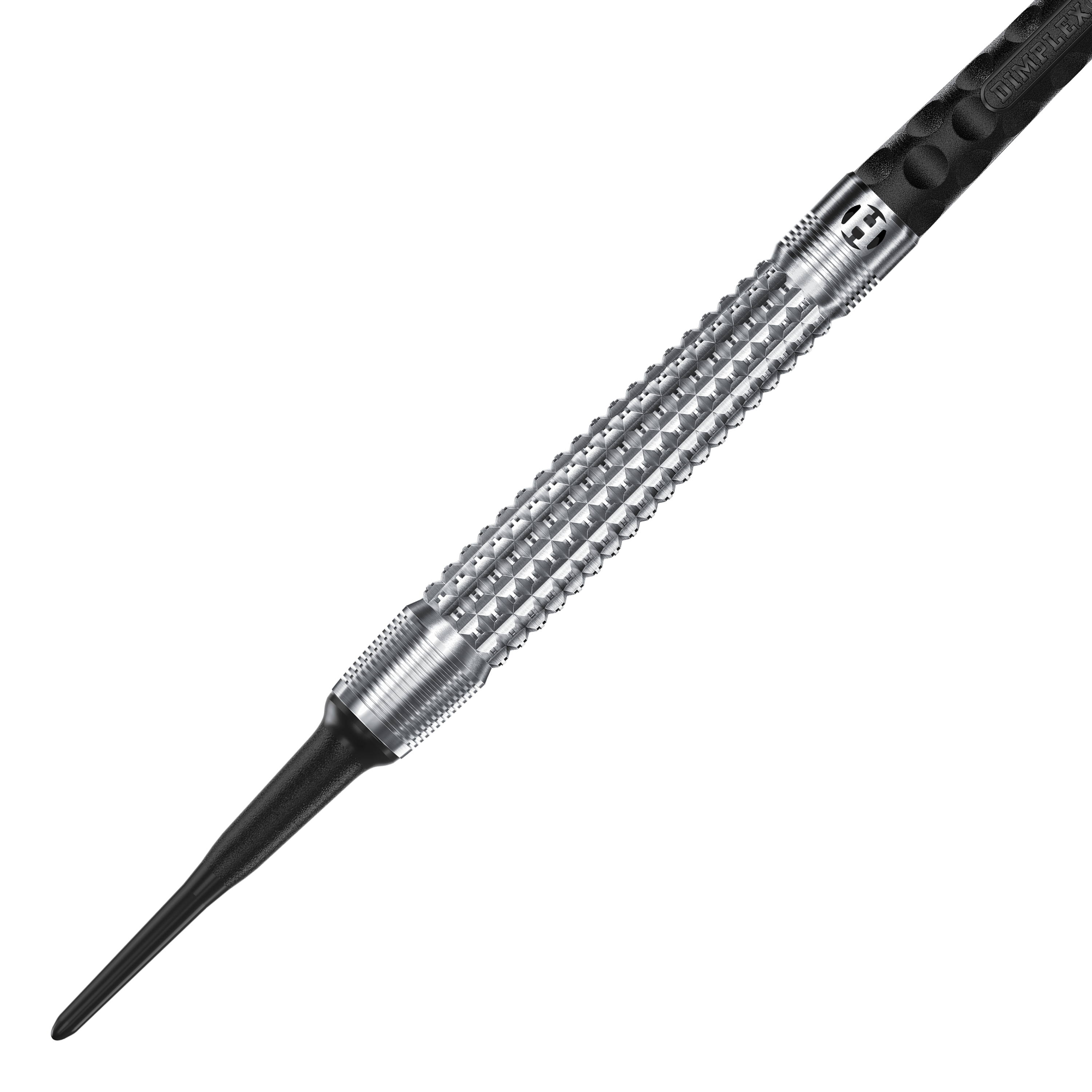 Harrows Dimplex S3 Tapered Softdarts Das Bild zeigt einen Harrows Dimplex S3 Tapered Softdart. Der Dartpfeil hat eine silberne, geriffelte Metallspitze und einen schwarzen Schaft.