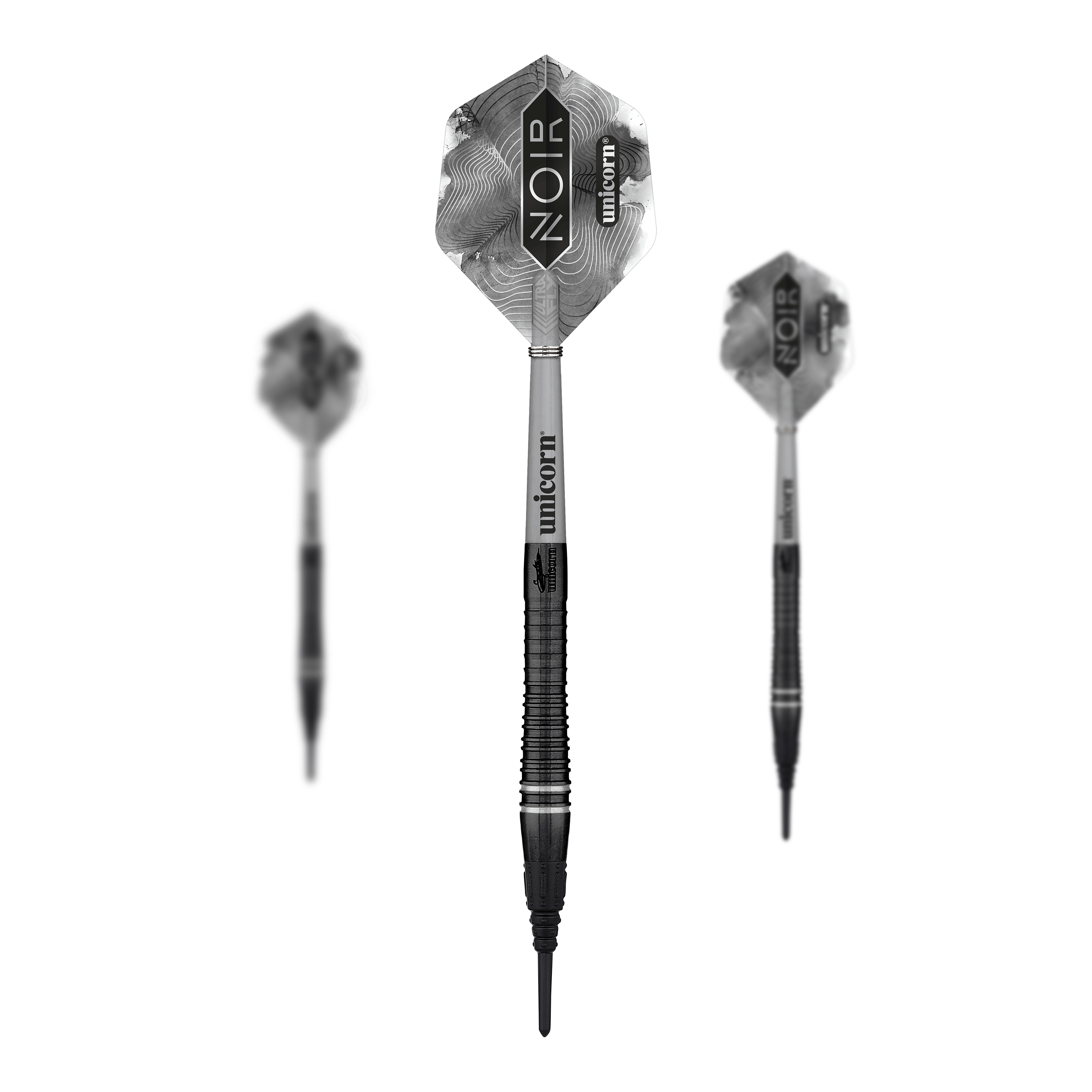 Das Bild zeigt drei stilvolle Softdarts der Marke Unicorn in schwarzem Design. Auf den Flights steht "NOIR" und "Unicorn", und es handelt sich um das Modell "World Champion Gary Anderson Noir Phase 6".
