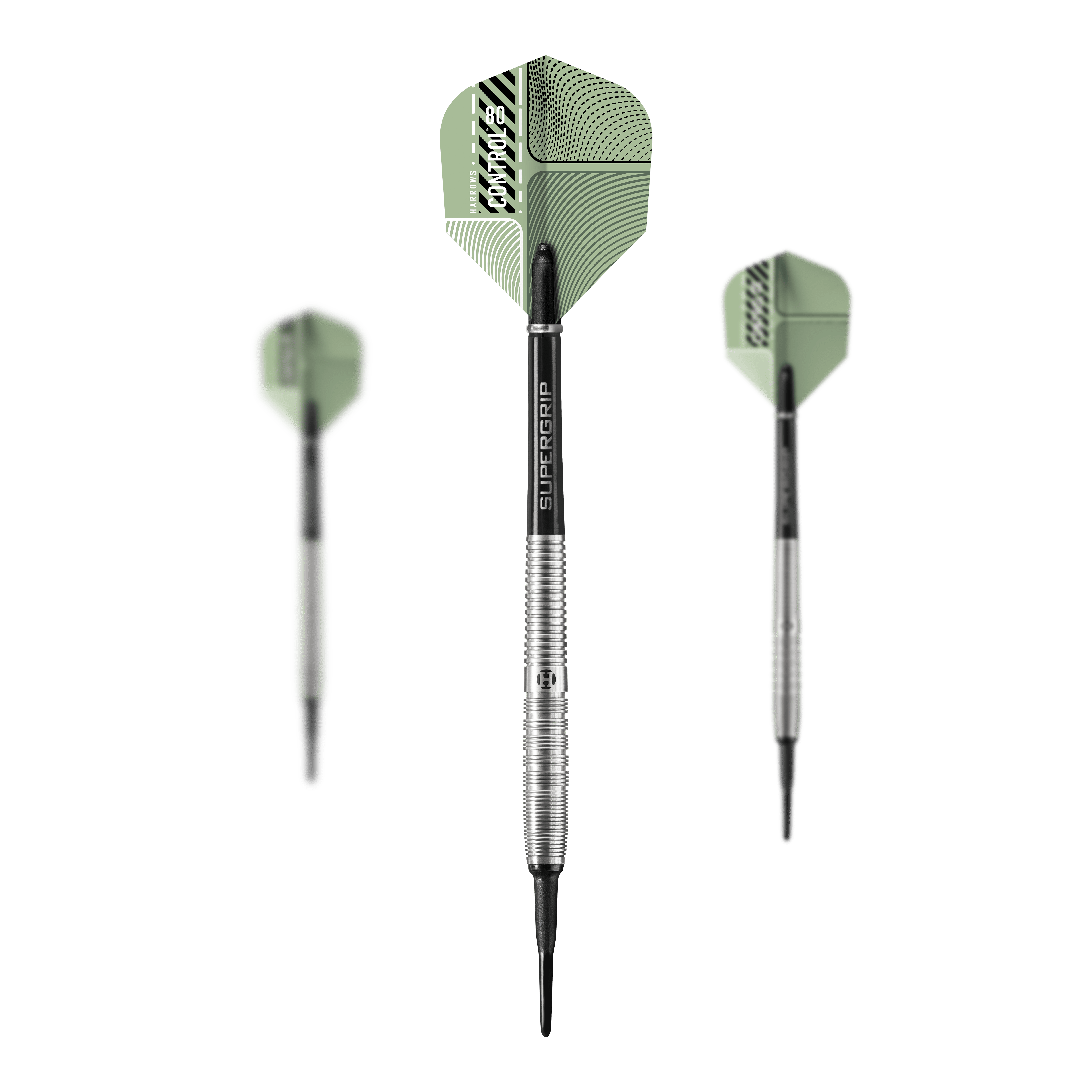 Das Bild zeigt drei Harrows Control Tapered Softdarts mit silbernen Schäften und grünen Flights. Die Darts haben eine ergonomische Form und den Schriftzug "SUPERGRIP" auf dem Schaft.
