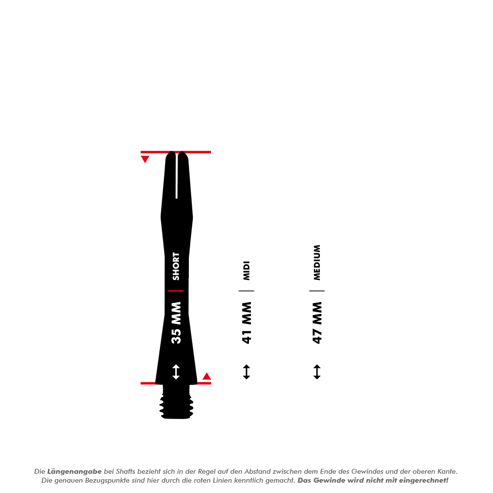 HR366_Harrows_Keramic_Shafts_5_35mm Das Bild zeigt drei verschiedene Längen der Harrows Keramic Shafts - Gun Metal: Short (35 mm), Midi (41 mm) und Medium (47 mm). Die Messpunkte der Längen sind durch rote Linien markiert, das Gewinde wird nicht mit einberechnet.