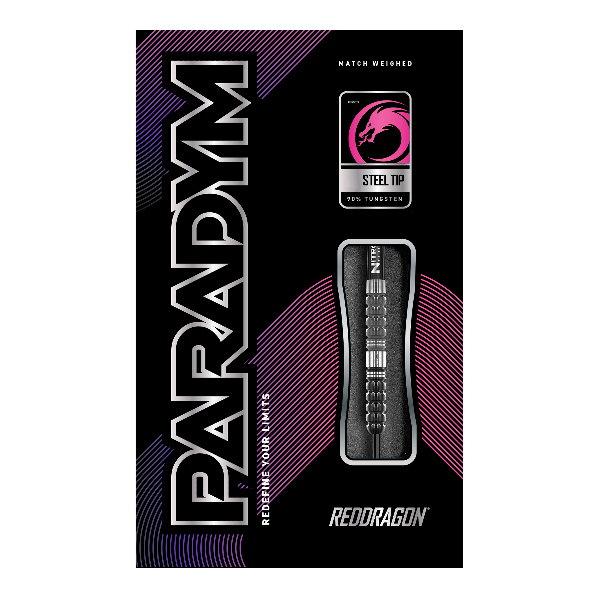 Red Dragon Paradym Tapered Steeldarts Die Abbildung zeigt die Verpackung der "Red Dragon Paradym Tapered Steeldarts". Auf der Packung sind die Begriffe "Steel Tip", "90% Tungsten" und das Red Dragon Logo zu sehen.