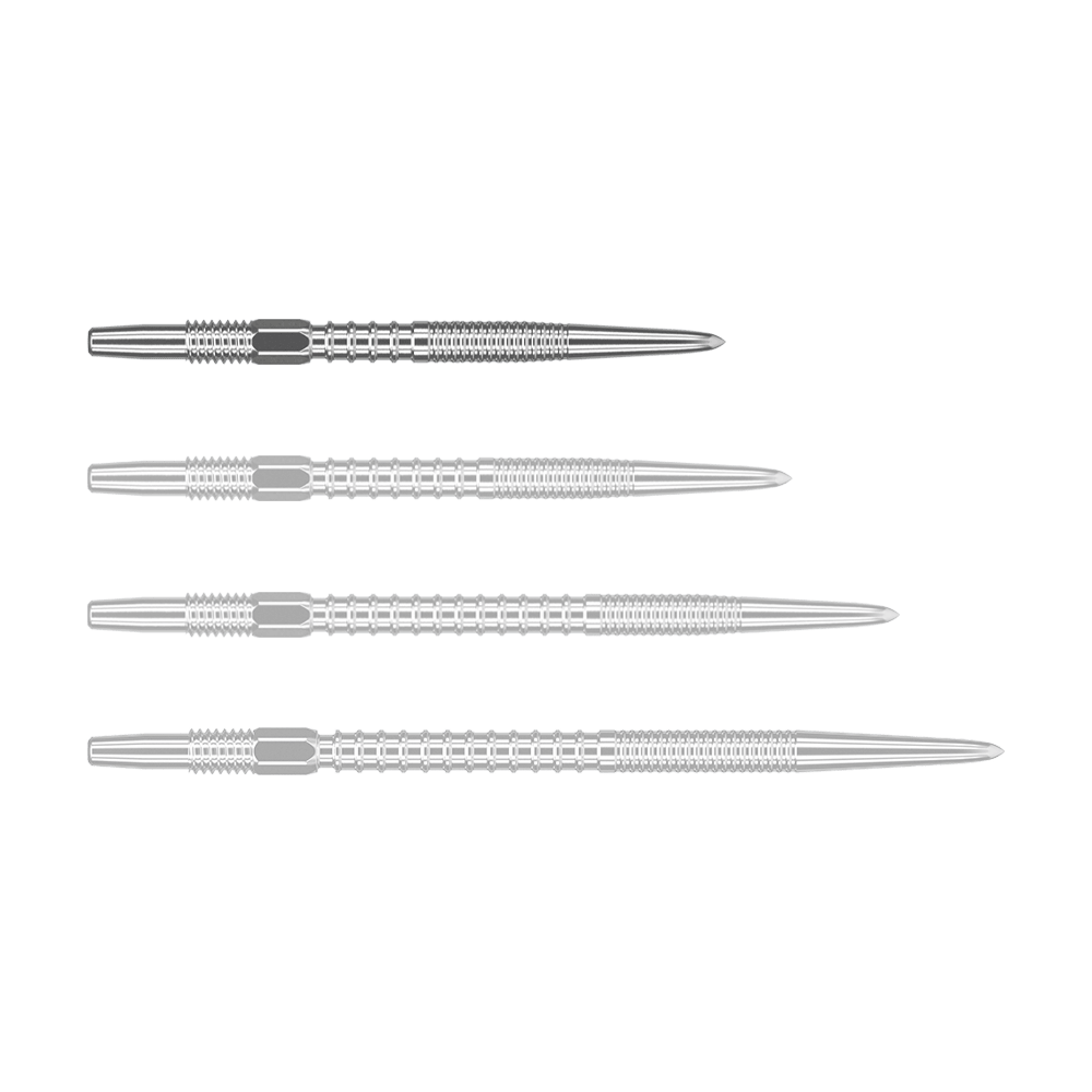 Target Swiss Firepoint Silver Dartspitzen Auf dem Bild sind vier silberne Dartspitzen nebeneinander zu sehen. Sie haben ein feines Rillenmuster und eine spitz zulaufende Form.